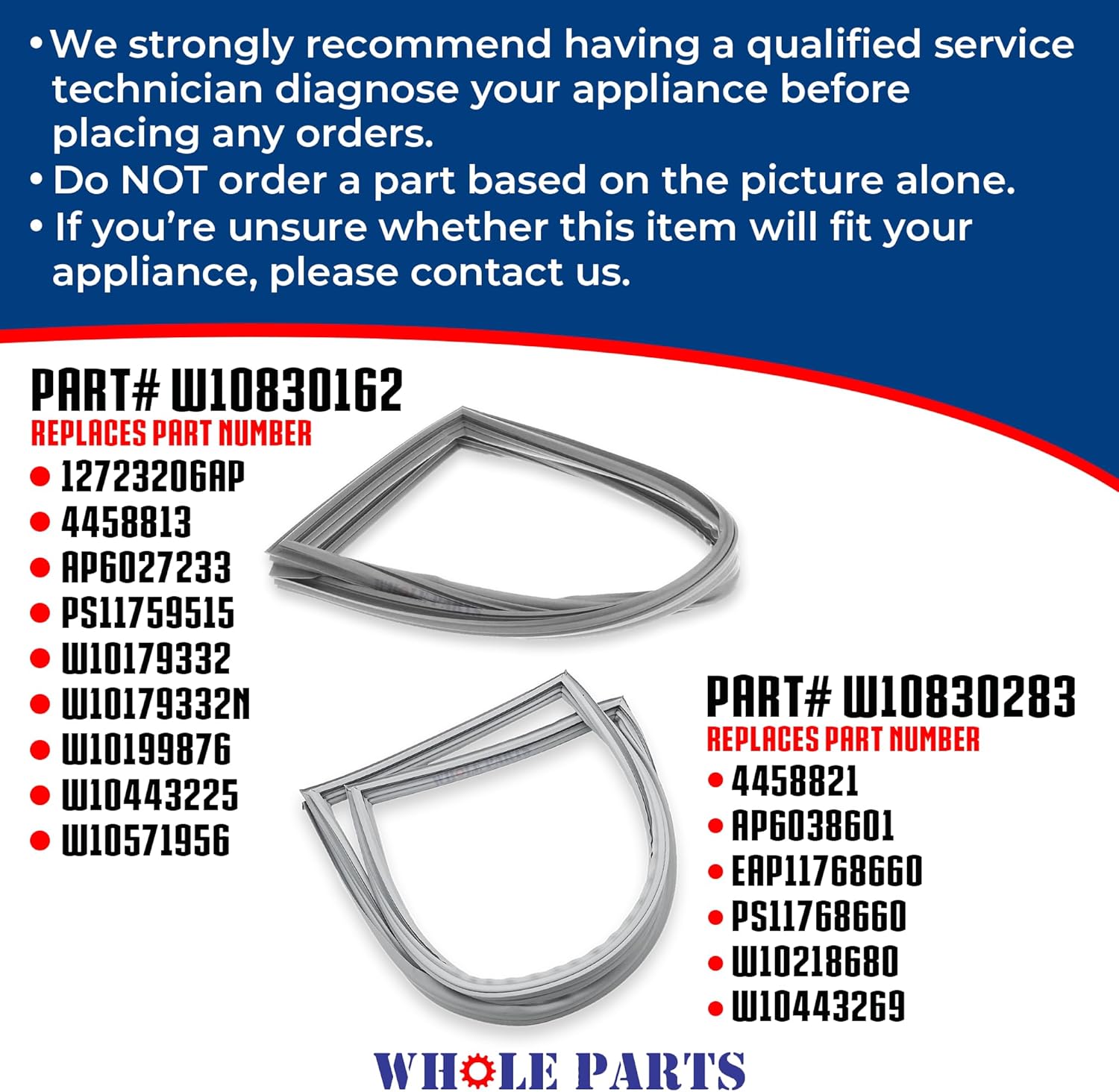Whole Parts Refrigerator Door Seal Gasket Set – Left (W10830283) & Right (W10830162), Gray, Magnetic Strip – Fits Select JennAir, Kenmore, KitchenAid, Maytag, Whirlpool