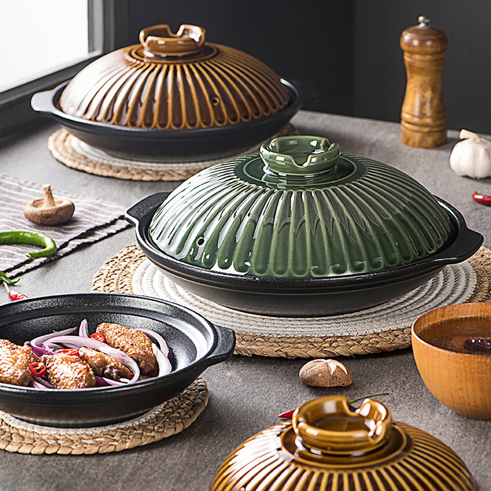 Japanischer Donabe-Keramik-Hot Pot Im Retro-Stil, Hitzebeständig, Flacher Holländischer Ofen For Kochen Und Servieren Von Dolsot, Bibimbap-Suppe, Reis-Eintopf, Auflauf, Nudeln(Copper,11.8 inches)