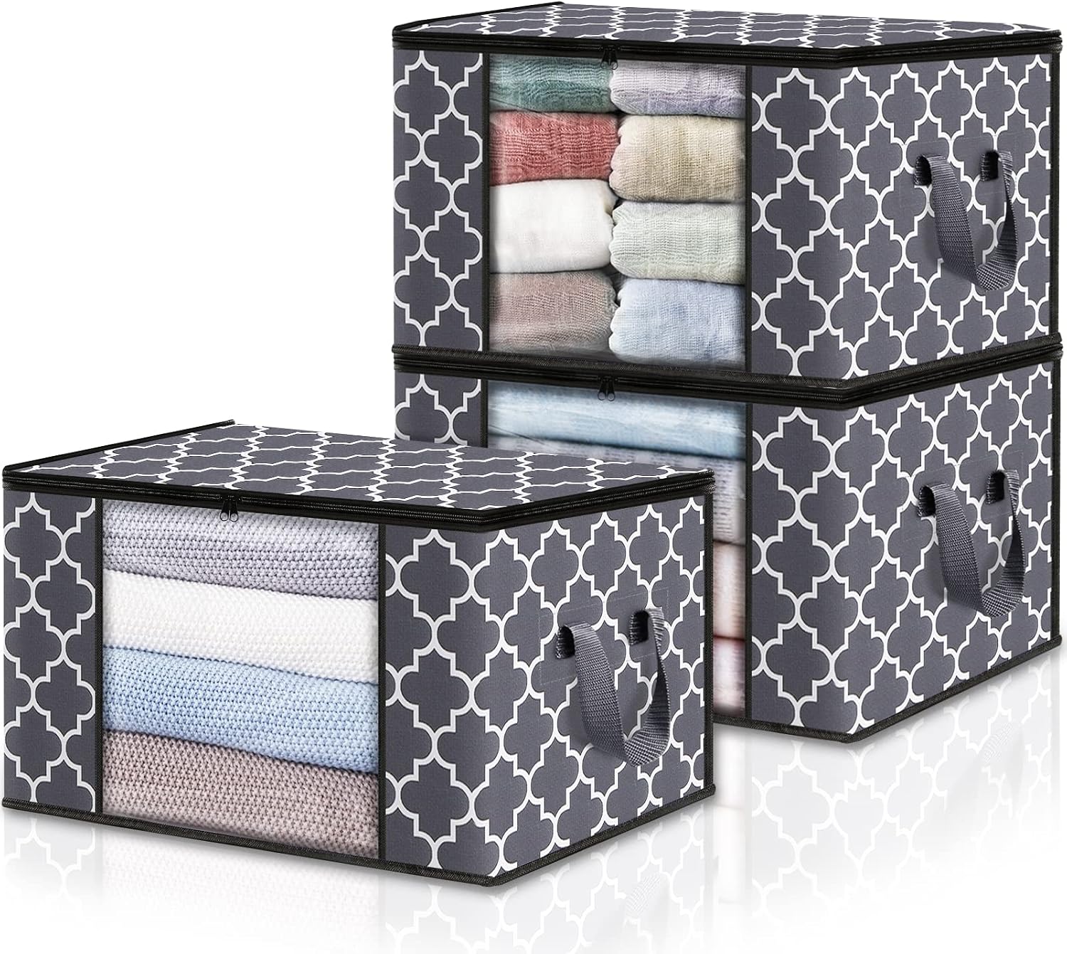 HomeHacks 3-Pack Clothes Storage,Foldable Blanket Storage Bags,Storage Containers for Organizing, Clothing, Bedroom, Comforter, Closet, Dorm, Sweater, Quilts, Organizer, Grey