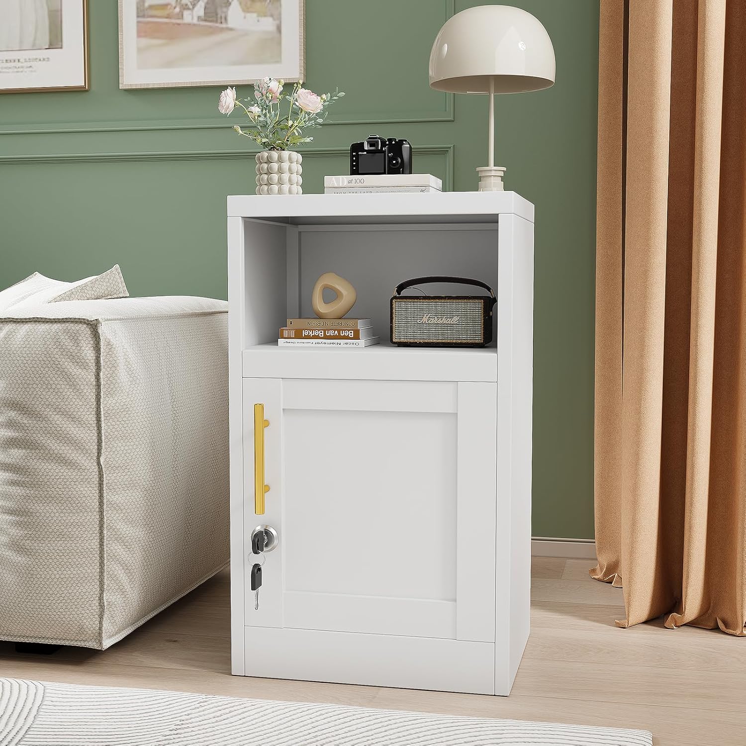 Night Stand, Metal White Nightstand with Adjustbale Shelf and Lock, Locking File Cabinet for Home Office, Bedroom (White, 27.56")