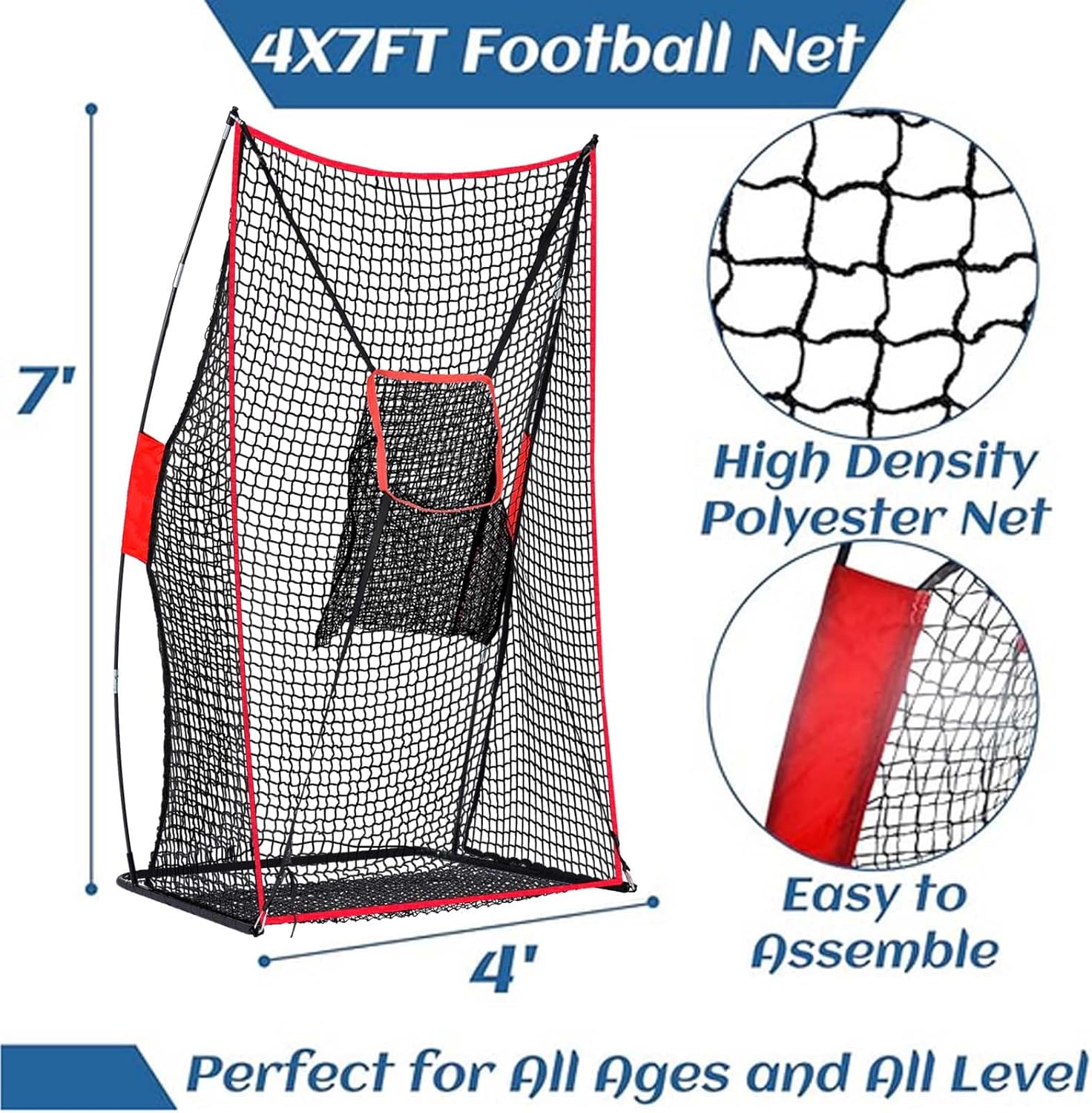Football Training Net for Punting Snapping and Throws 4x7ft Field Goal Practice Equipment with Stability Sandbags and Stakes Portable Net for High School Players Outdoor