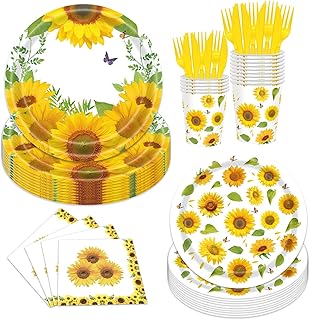 144PCS Sunflower Birthday Party Supplies Sunflower Party Decorations Sunflower Tableware Set Sunflower Plates and Napkins Cups Forks Knives for Sunflower Baby Shower Decorations Bridal Shower Serve 24
