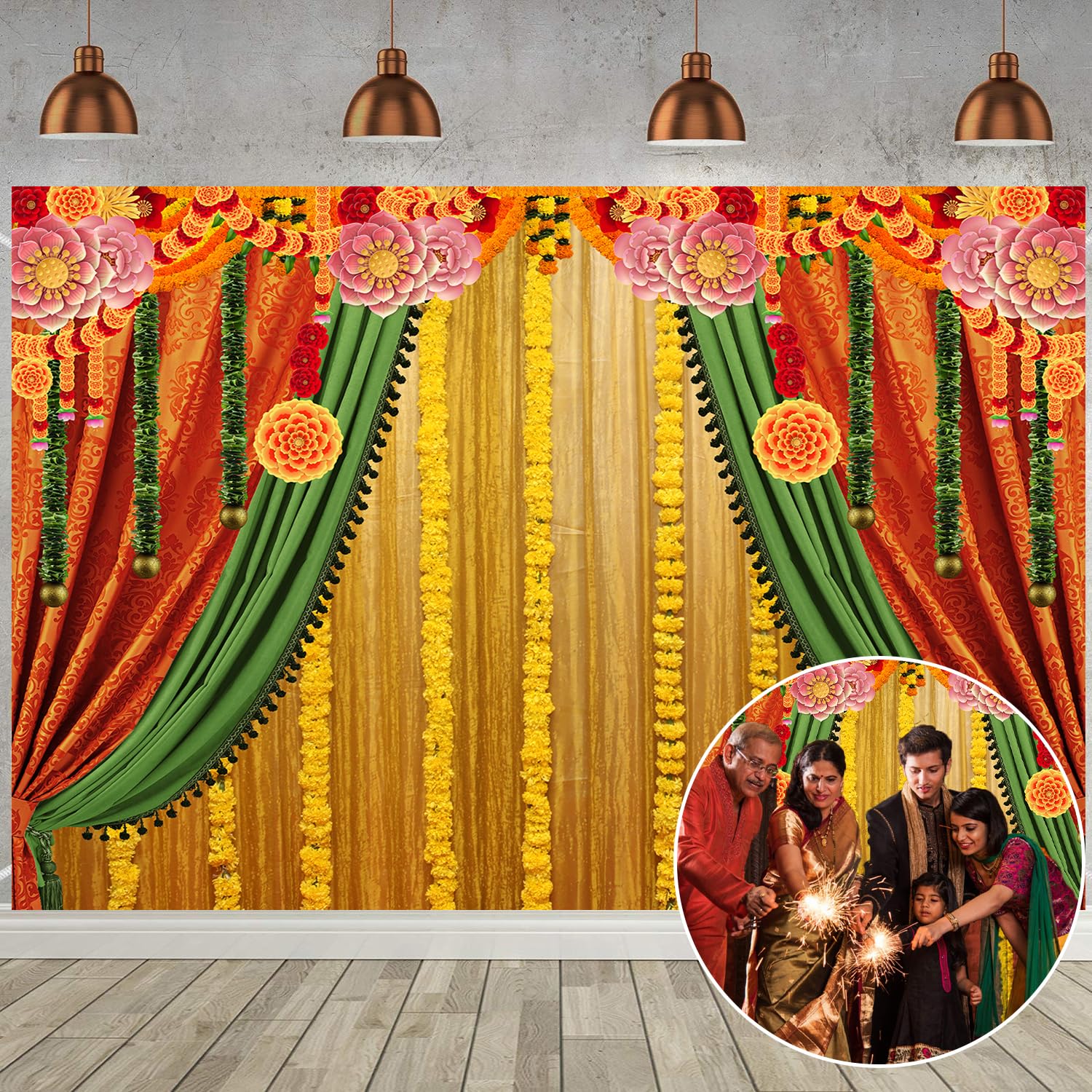 India Pooja Traditional Backdrop Diwali Puja Ganpati Photo Background Marigold Chatiya Ganesh Green Yellow Curtain Banner Religious Wedding Party Baby Shower Decoration Background (7X5FT (210x150cm))
