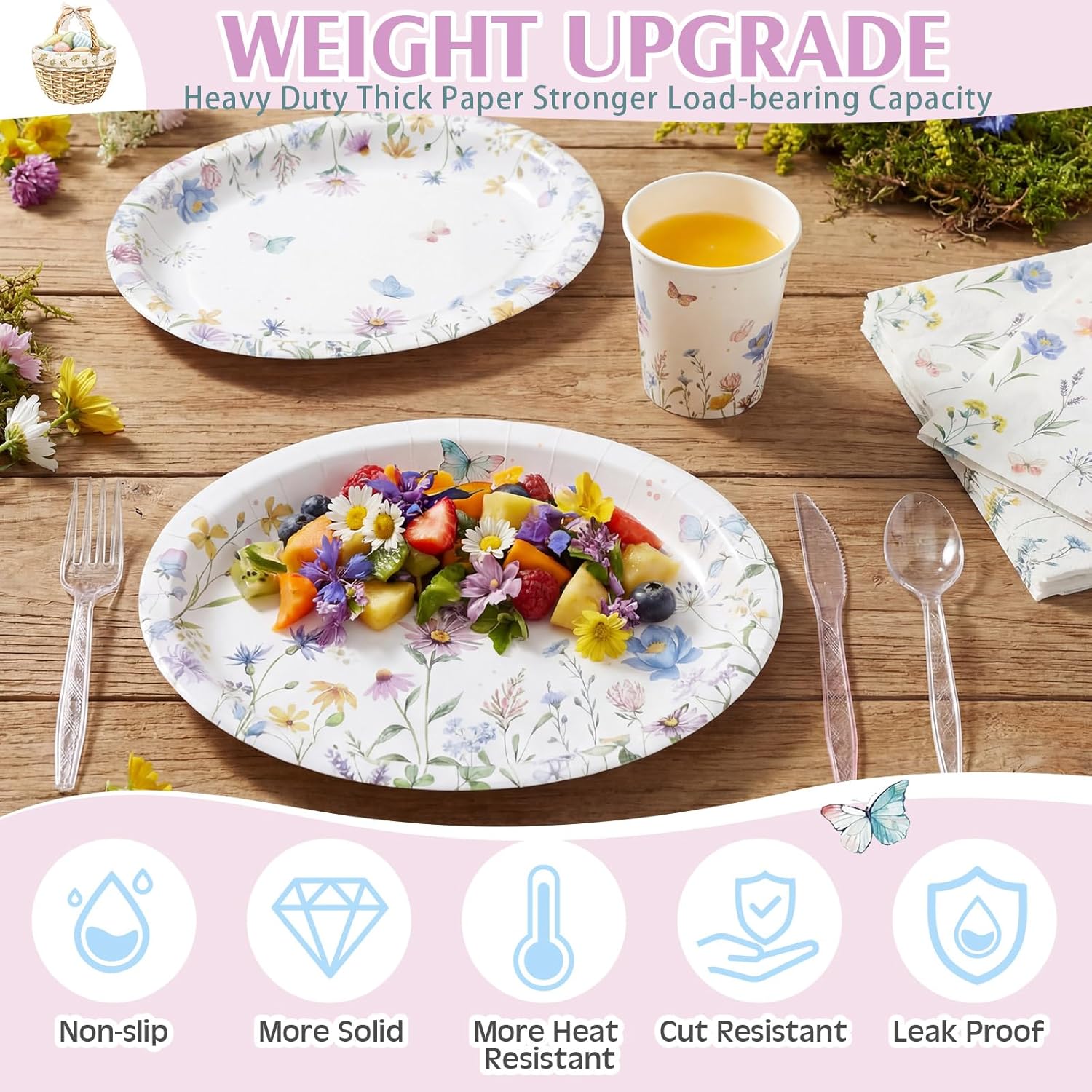 Pajean 350 Pcs Wildflower Oval Paper Plates Set with 12 inch Disposable Spring Birthday Oval Plates and Napkins Flower Heavy Duty Dinnerware Set for 50 Guests Picnic Wedding Tea Party Supplies