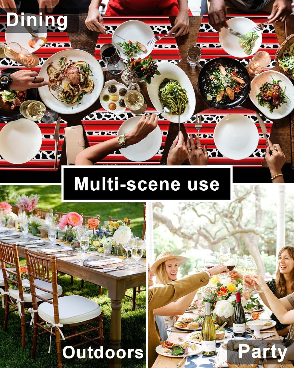 Placemats, Kitchen Decor Placemats Set of 6, Black and White Cow Print on Red Stripes Placemats for Dining Table, Heat-Resistant Washable Place Mats, Kitchen Table Mats for Table Decor