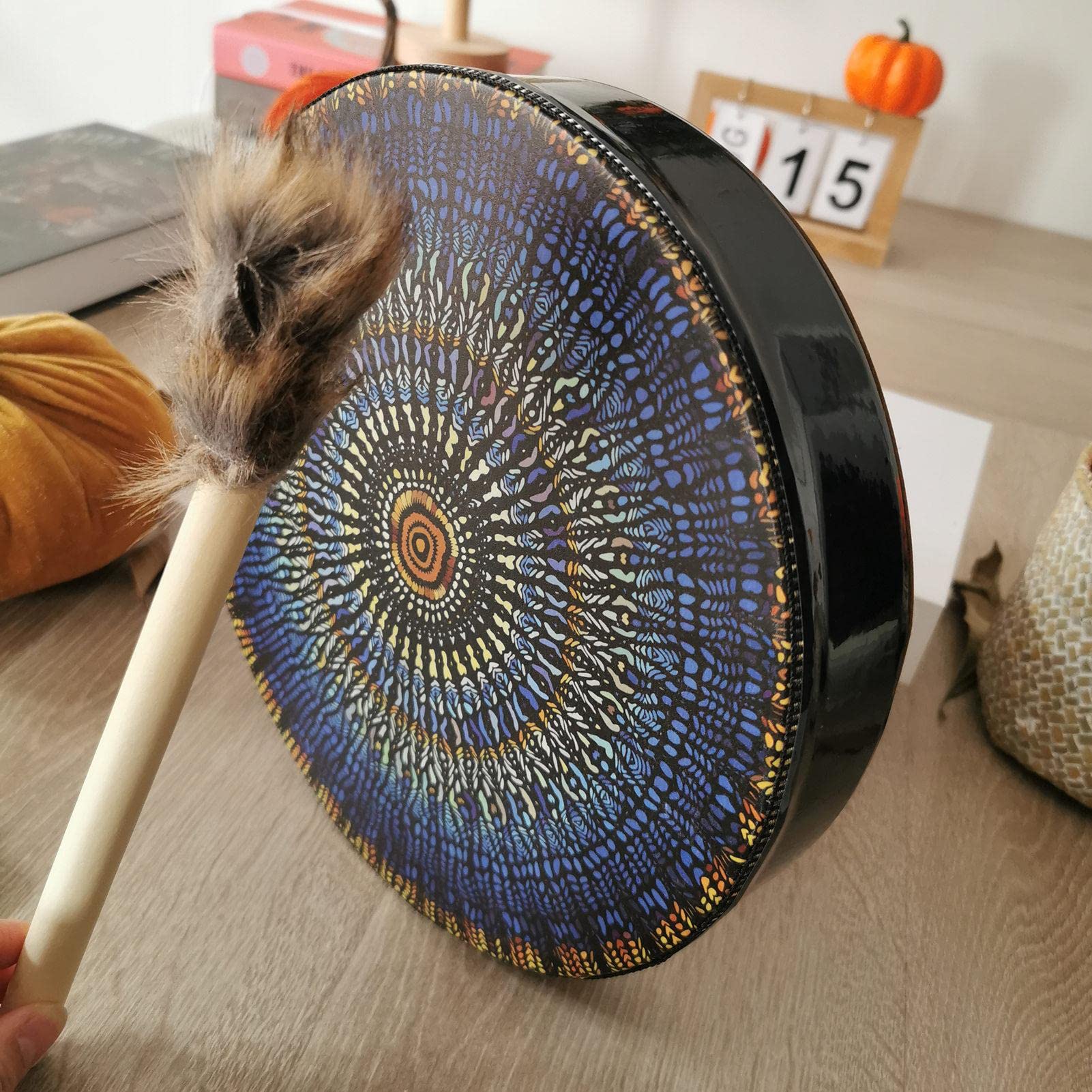 Tamburo Sciamanico da 10 Pollici - Fatto a Mano Con Bacchetta, Blu, Spirituale Musicale - Strumento di Guarigione del Suono Siberiano