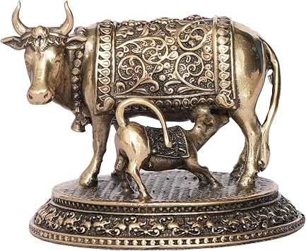 Brass Cow and Calf Statue Kamdhenu Vastu Devta Carving on Gau MATA Idol, Spiritual Vastu Nandi Pooja Figurine Sculpture, for Home and Office2.2x1.9x1.9 Inches, Standrad