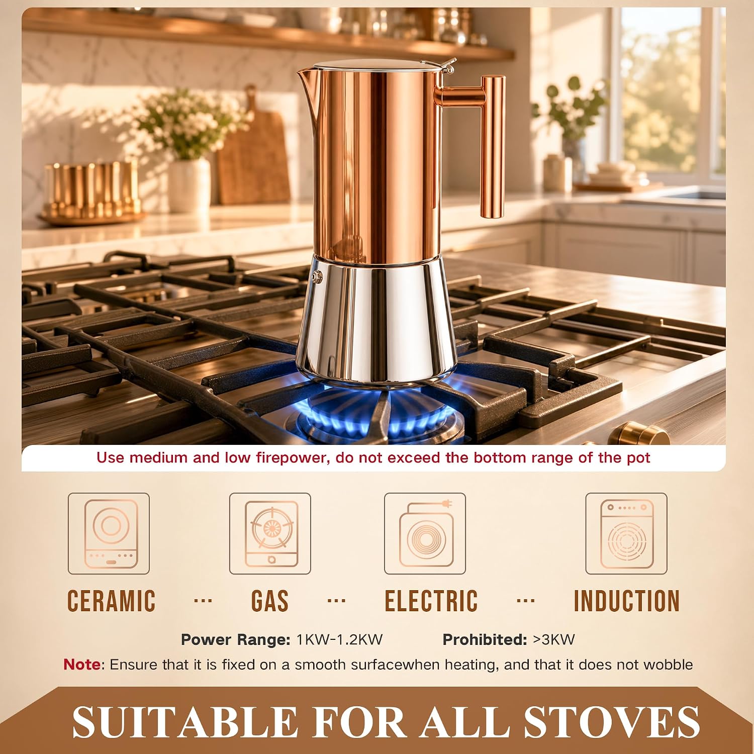 Steel Moka Pot, 12 Cup Stovetop Espresso Brewer, 600ml Rose Gold | Fits all stovetops; conductive 430 base avoids burnt grounds; food-safe 304 aluminum-free PVD finish; home & camp use