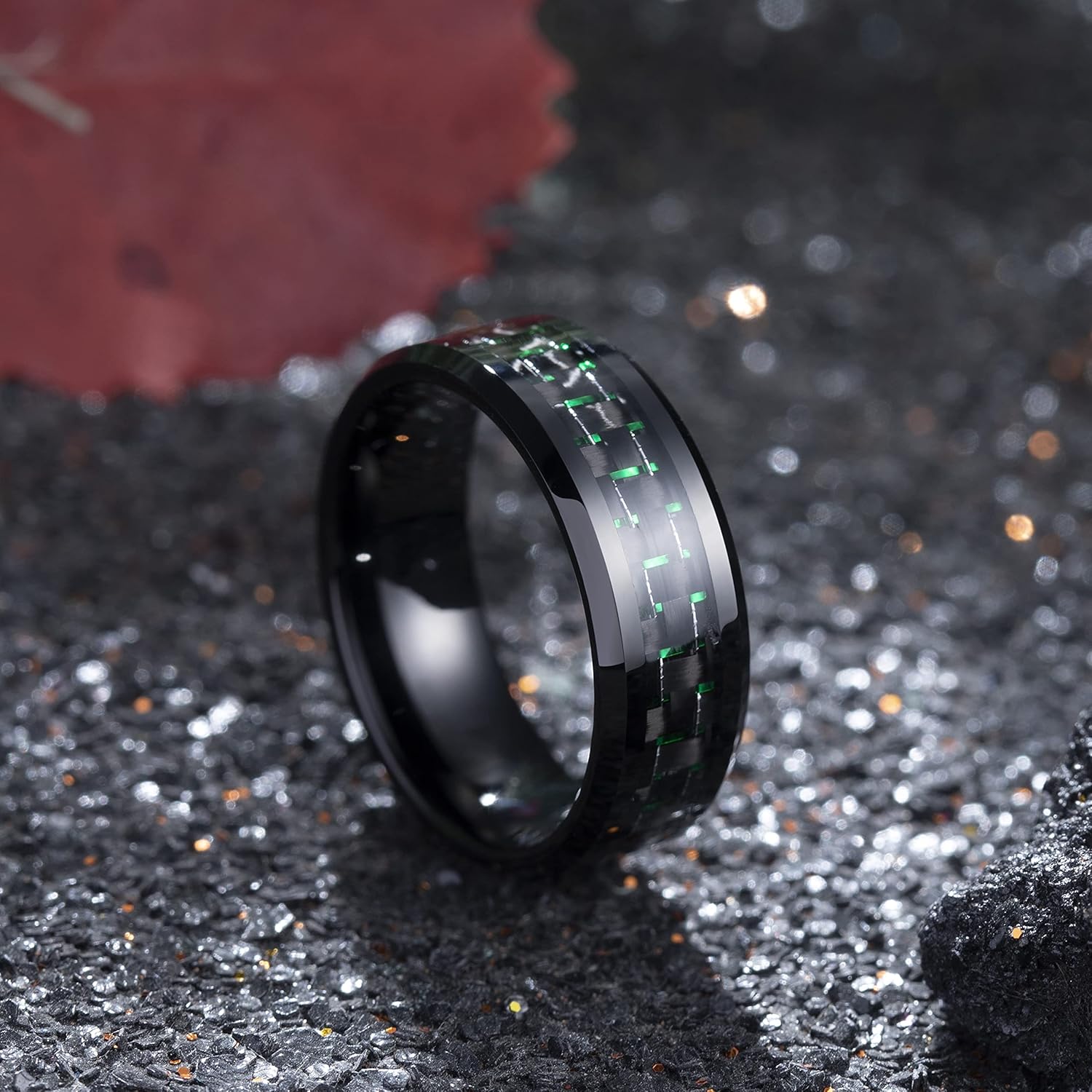 King Will 8mm Mens Tungsten Wedding Rings Carbon Fiber Plaid Inlaid Polished