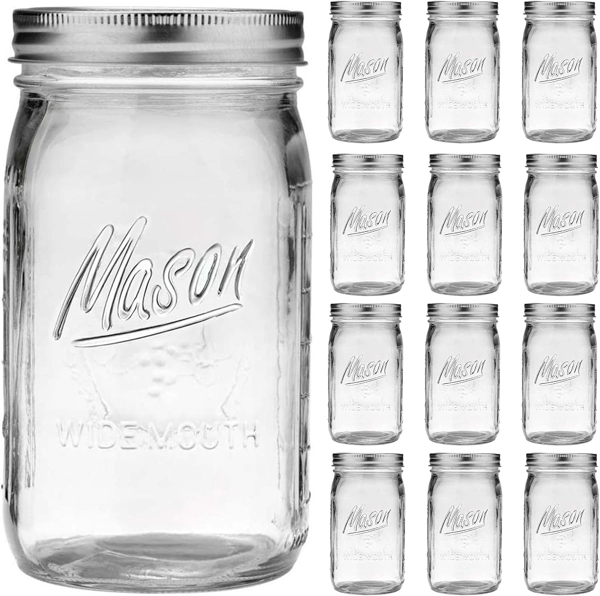 Wide Mouth Mason Jars 32 oz, 12 Pack Large Glass Mason Jars with Lids | 1 Quart Glass Jars for Pickling, Canning, Fermenting and Food Storage, Microwave & Dishwasher Safe