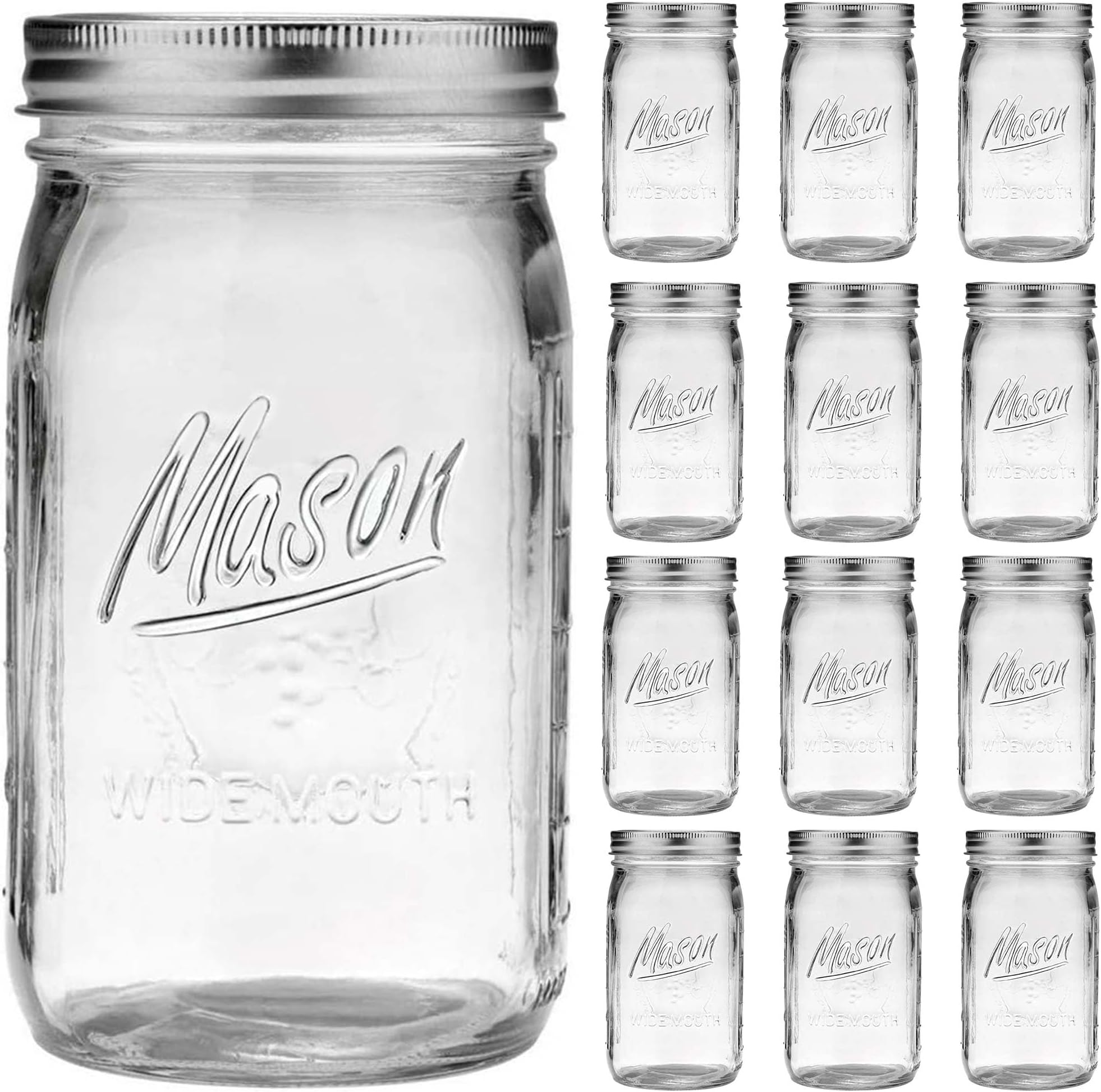 Esrentle Wide Mouth Mason Jars 32 oz - 12 Pack Large Glass Mason Jars with Airtight Lids and Bands, 1 Quart Glass Jars for Pickling, Canning, Fermenting and Food Storage, Microwave & Dishwasher Safe