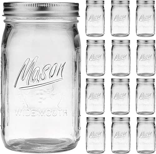 Wide Mouth Mason Jars 32 oz - 12 Pack Large