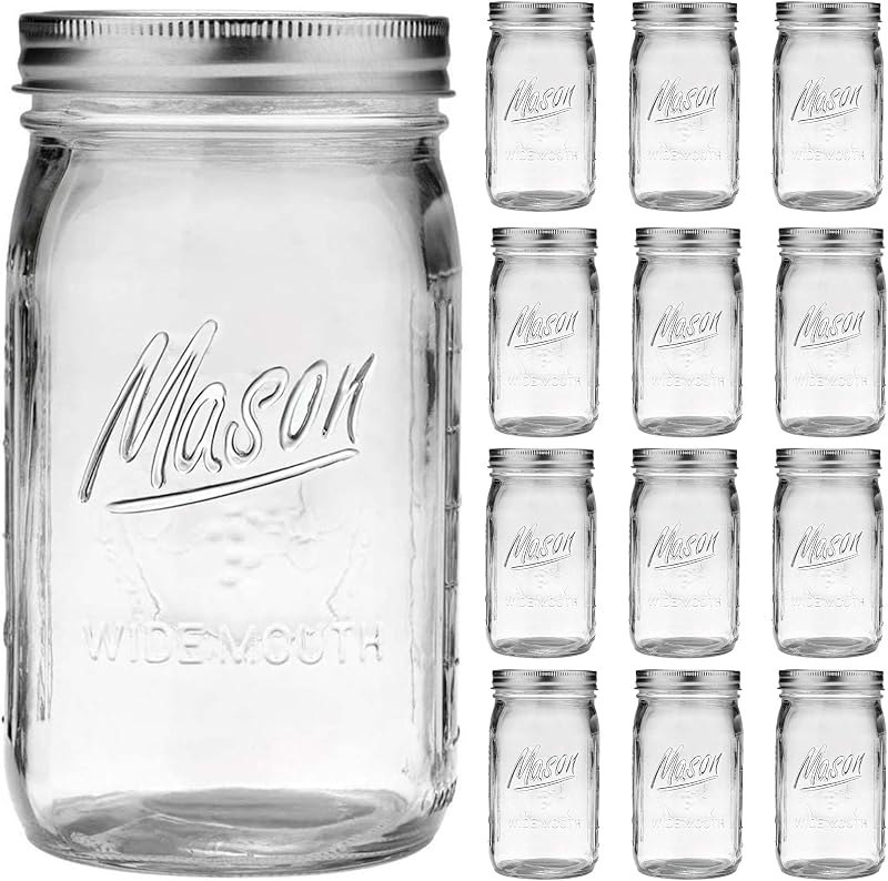 Wide Mouth Mason Jars 32 oz, 12 Pack Large Glass Mason Jars with Lids | 1 Quart Glass Jars for Pickling, Canning, Fermenting and Food Storage, Microwave & Dishwasher Safe