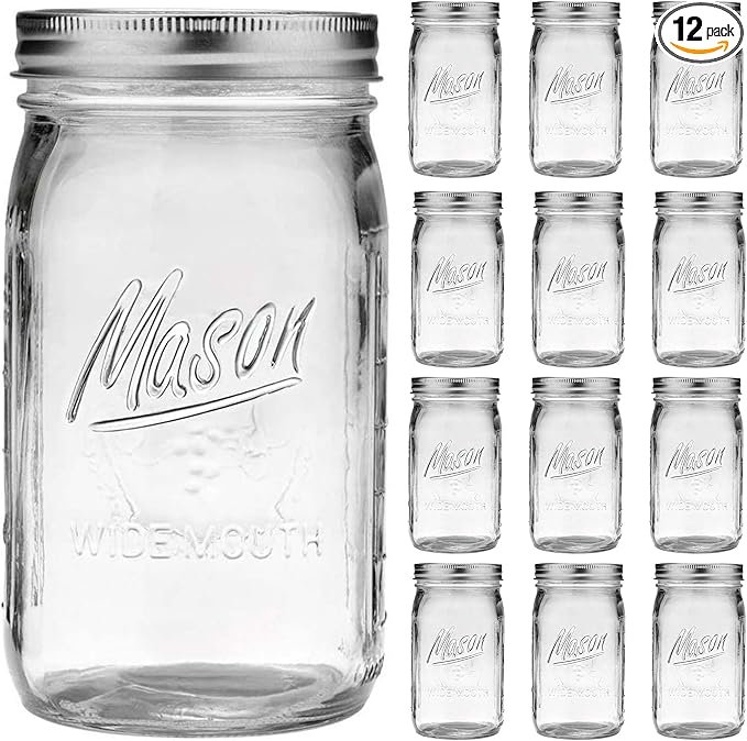 Wide Mouth Mason Jars 32 oz - 12 Pack Large Glass Mason Jars with Airtight Lids and Bands