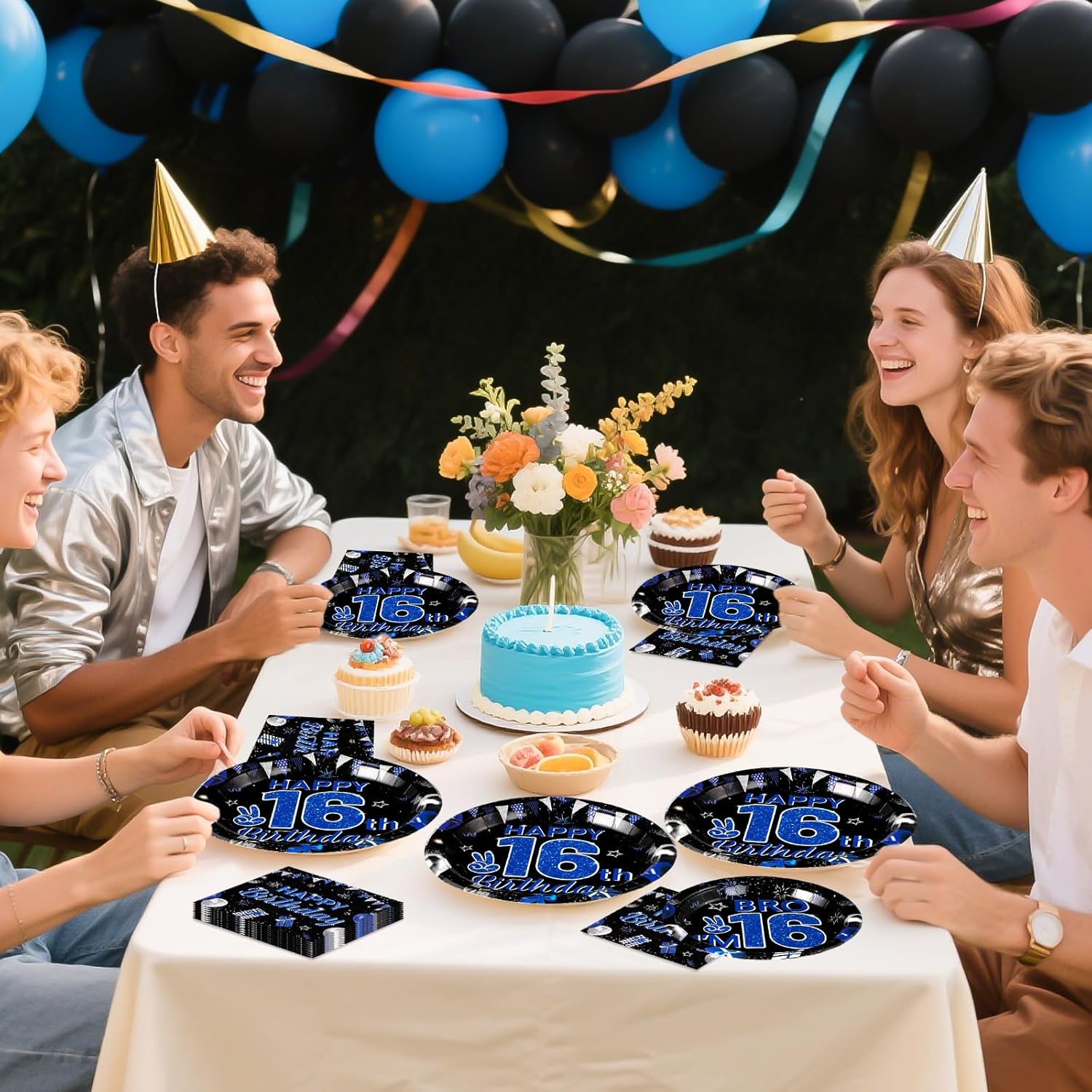 Grencian 96Pcs 16th Birthday Party Decorations for Boys Blue and Black 16th Birthday Plates Disposable Official Teen 16 Tableware for Teen Boys I’m 16 Bro 16 Years Old Party Supplies Serves 24 - Image 8