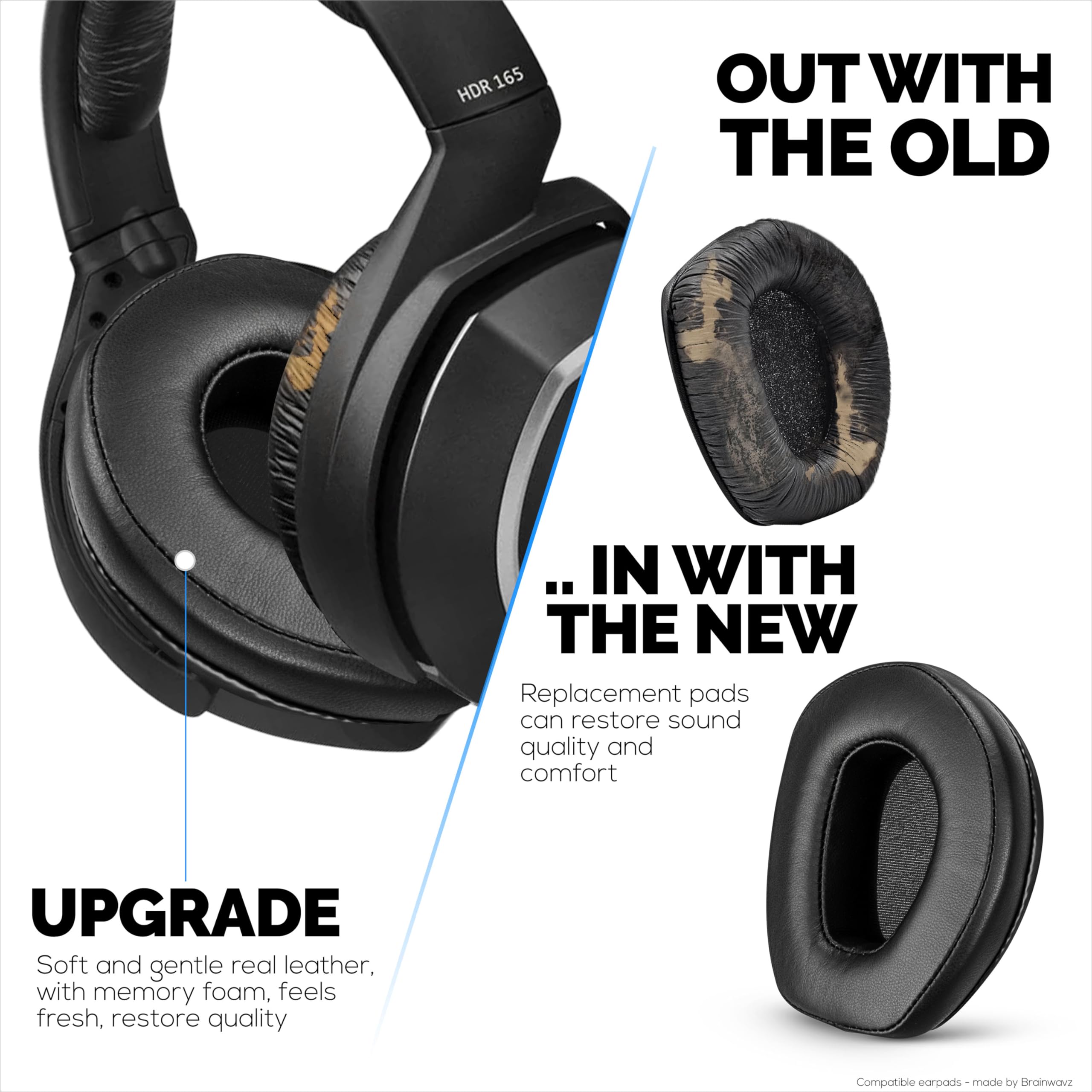 Almohadillas de repuesto de piel de oveja para auriculares SENNHEISER RS165, RS175, RS185 y RS195, piel auténtica suave y almohadilla de espuma viscoelástica, HDR165, HDR175, HDR185, HDR195, por