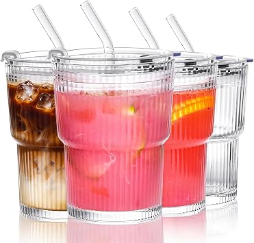 13oz Glass Cups with Lids and Straws Ribbed Drinking Glasses