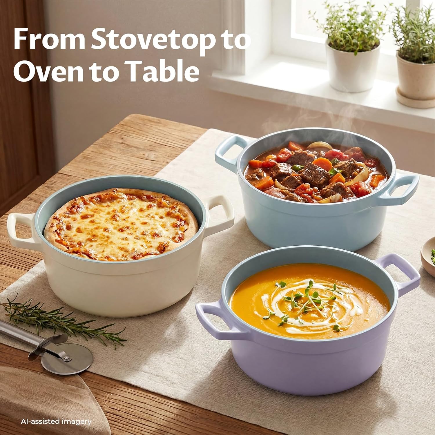 BEZIA 5.7 Quart Nonstick Ceramic Stock Pot with Lid, Lightweight Die-Cast Aluminum Dutch Oven Style Cooking Pot for Soup, Family Stew & Braising, Oven Safe Casserole, Induction Ready, for 3-5 People