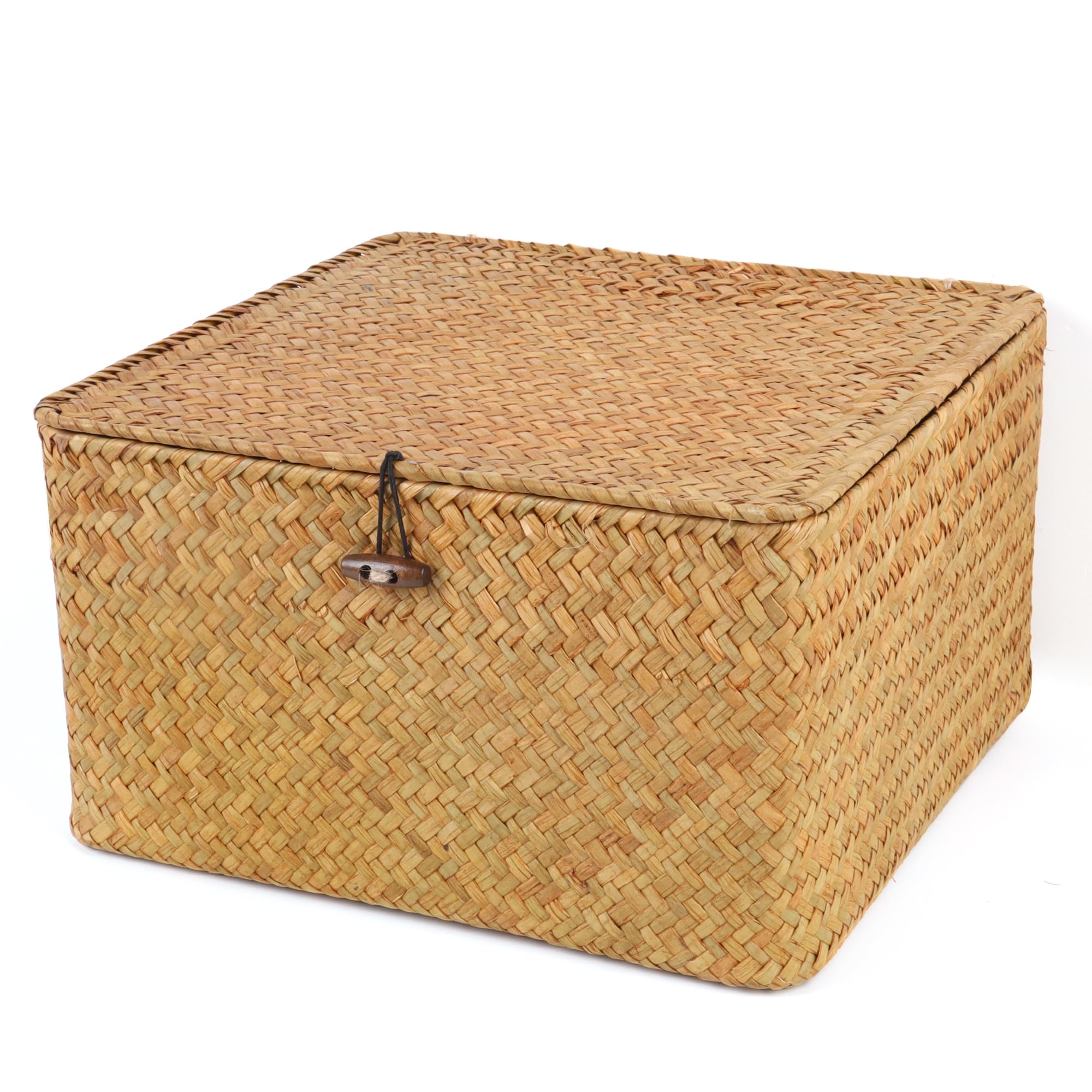 Moosky Wicker Shelf Baskets with Lid, Handwoven Seagrass Storage Basket Bins Square Gift Boxes for Shelves Home Decor Organizer (Natural, Large)