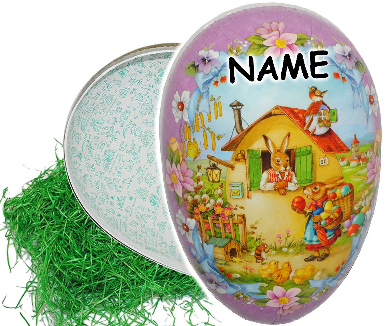 alles-meine.de GmbH XXL - Ostergras & Pappei zum Befüllen - 36 cm - Hasen am Schaufenster - incl. Name - Osterei/Ei zum Befüllen - Papposterei - Deko Pappe Papp - Dekoei Pa..
