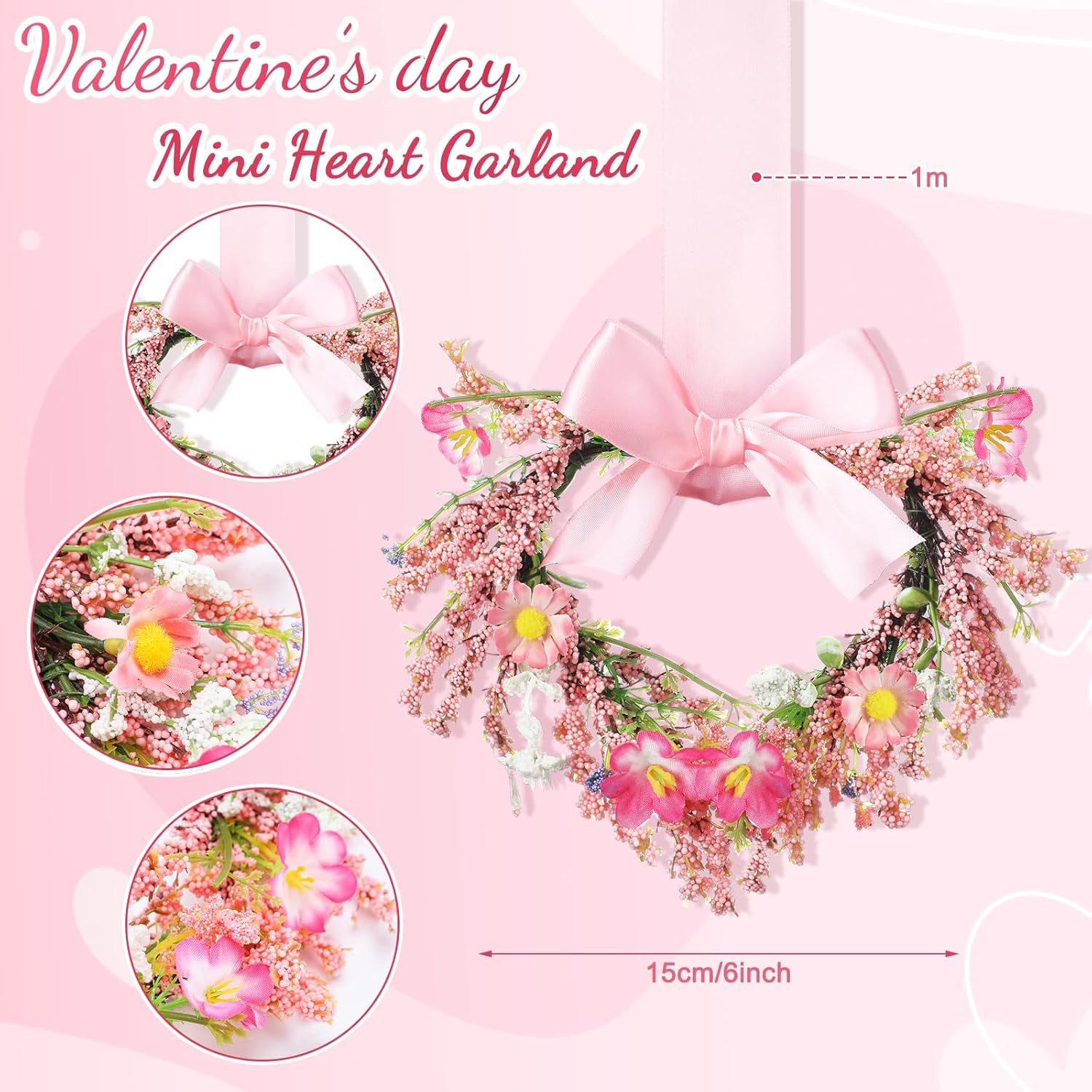 8 Packs 6 Inch Mini Heart Shaped Pink Valentine's Day Flower Wreath Garland Wreath Valentine Door for Gift Cabinet Window Chairs Wall Hanging Wedding Party Decor