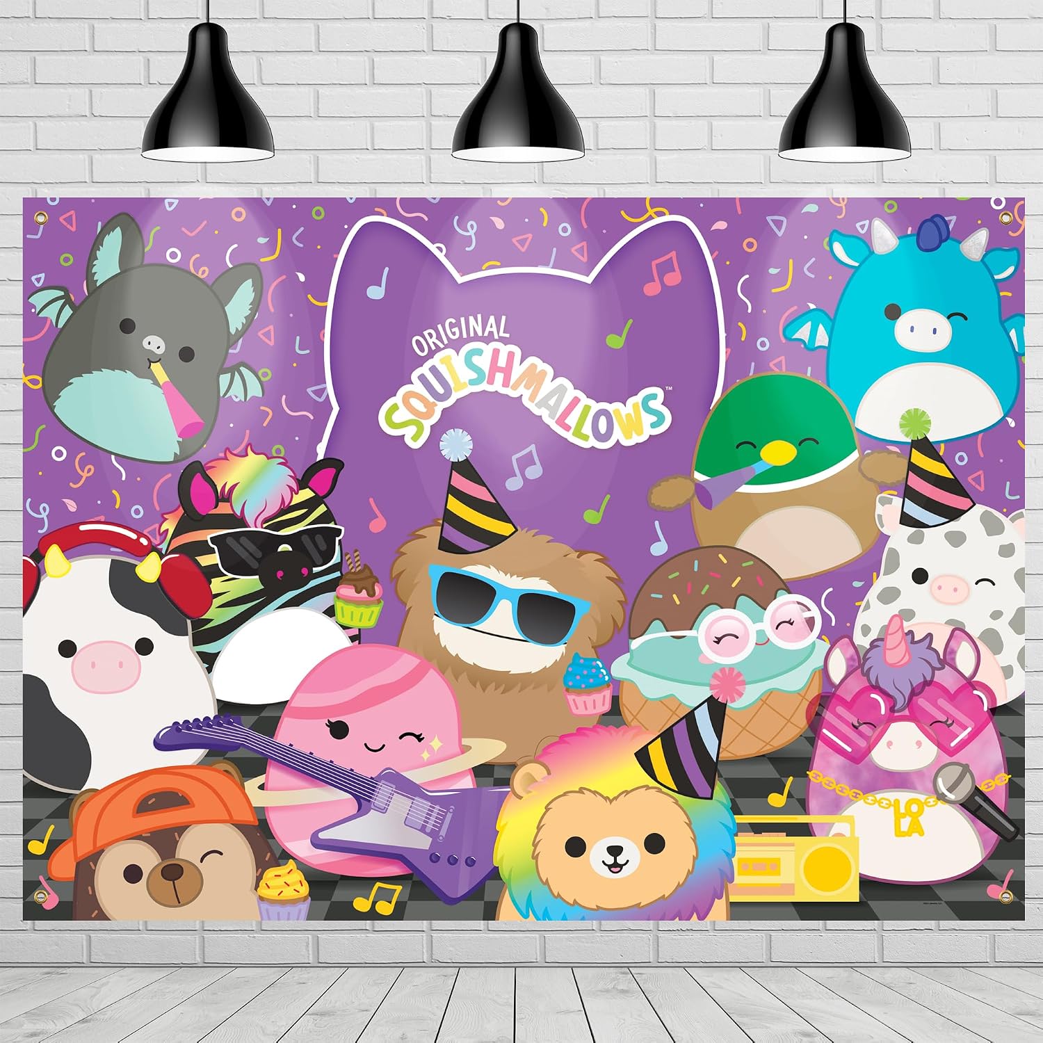 Treasures Gifted Officially Licensed Club Squishmallows Party Supplies - 4.3ft Tall x 6ft Wide Backdrop - Squishmallows Birthday Decorations - Silky Fabric Birthday Banner Backdrop