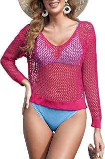 Women's Crochet Cover Up Hollow Out Long Sleeve Top See Through Sexy Vacation Outfits
