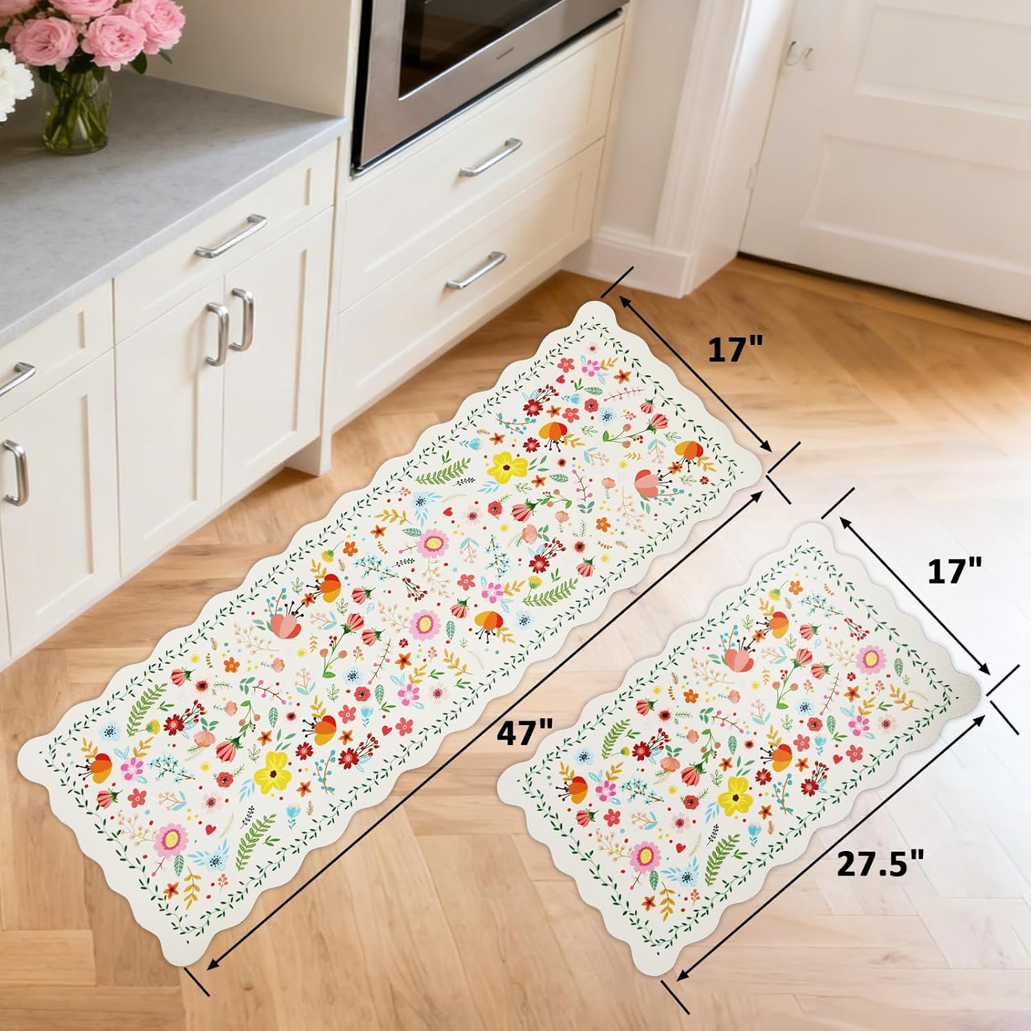 Scalloped Kitchen Mats for Floor 2 Piece, Kitchen Floor Mat Non Slip Washable, Narrow Kitchen Runner Rugs Waterproof Boho Floral Standing Mat Door Mat for Sink Laundry, Hallways, Beige-White