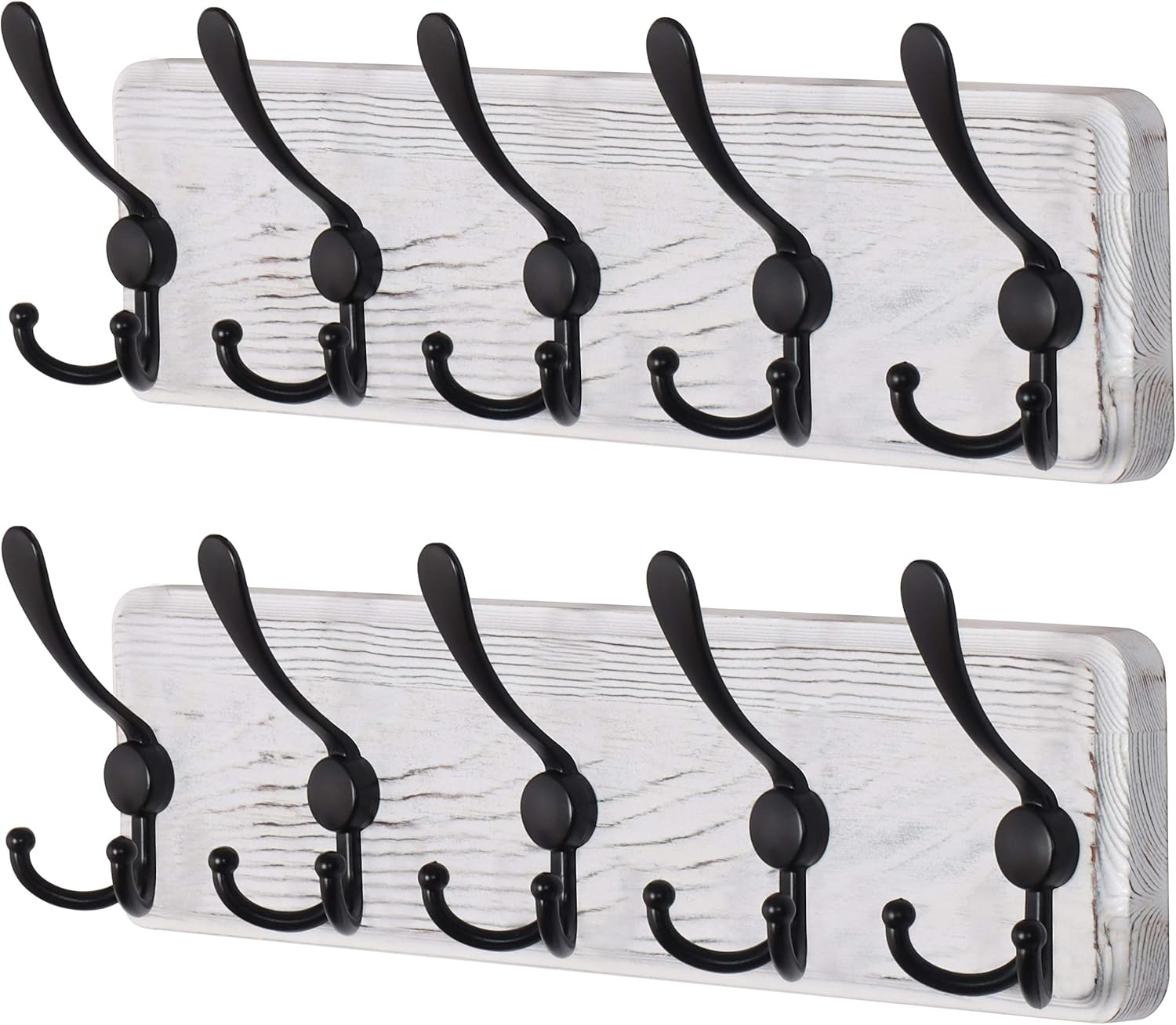 Dseap Coat Rack Wall Mount – Patented, Heavy-Duty, Shabby Chic Wooden Wall Coat Hanger Hook Rail with 5 Triple Hooks for Winter Coats Hat Jacket Clothing, Weathered White & Black, Pack of 2