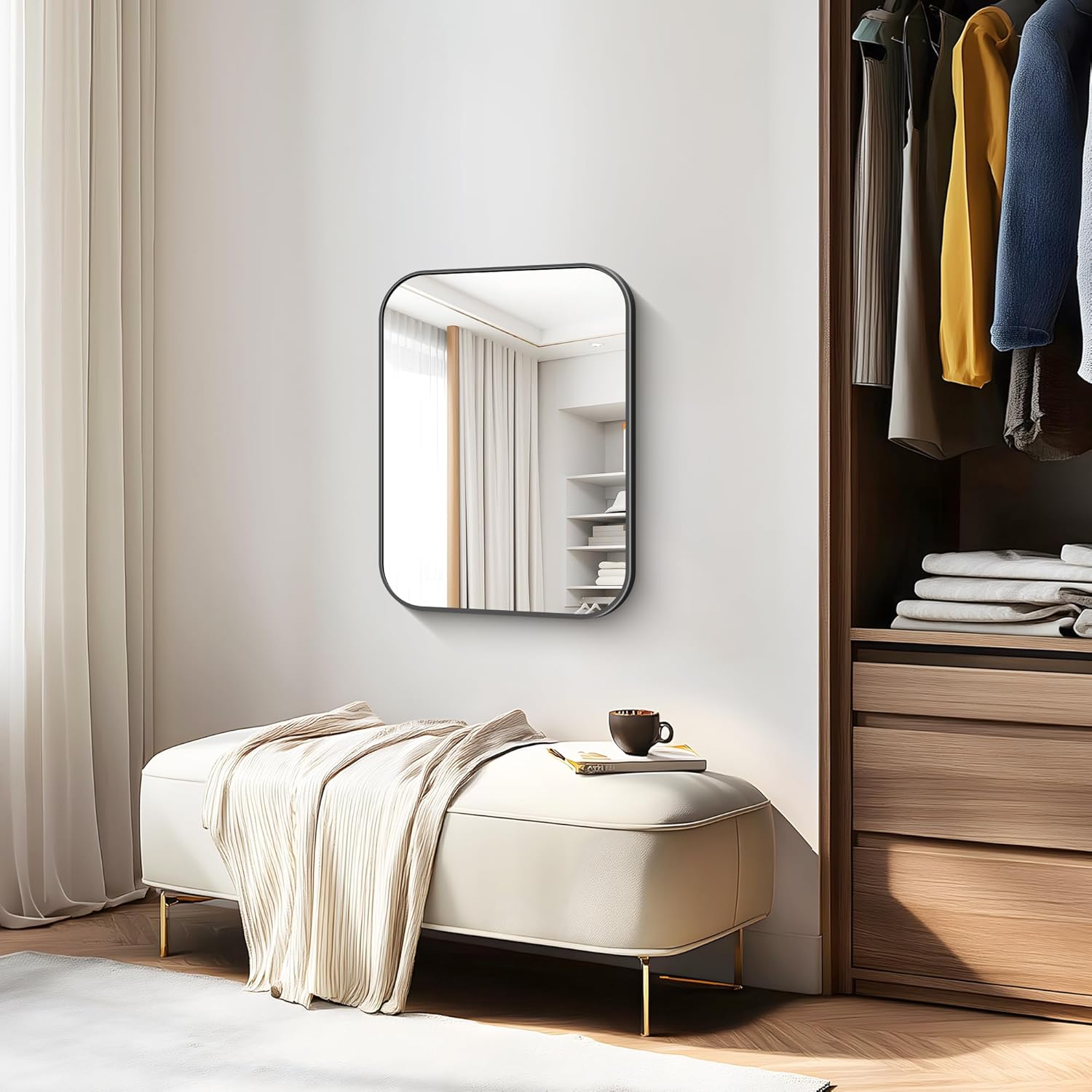 Bathroom Mirror, 18 x 24 inch Metal Framed Black Rectangle Mirror, Rounded Corner Rectangular Vanity Mirror, Wall Mounted Mirror for Modern Bedroom Living Room Hangs Horizontal or Vertical