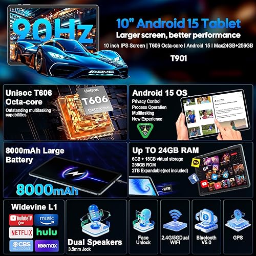 Miniatura 2 de Tablet Android 15 2026 con teclado, 24 GB de RAM + 256 GB de ROM (expansión de 2 TB), tableta de 10 pulgadas con Gemini AI, Octa-Core, 8000mAh, GMS,