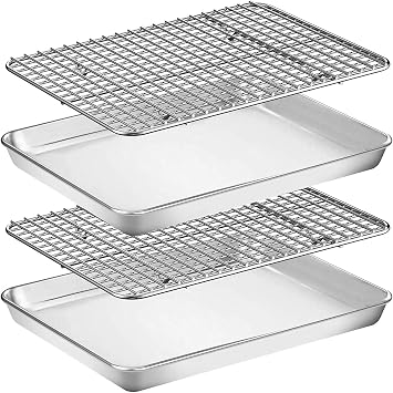 Baking Sheet & Rack Set [2 Sheet + 2 Rack], Stainless Steel Cookie Pan with Cooling Rack, Checkered Baking Sheet with Rack, Oven Safe Baking, Non Toxic, Heavy Duty, Easy Clean 12 x 10 x 1 inch