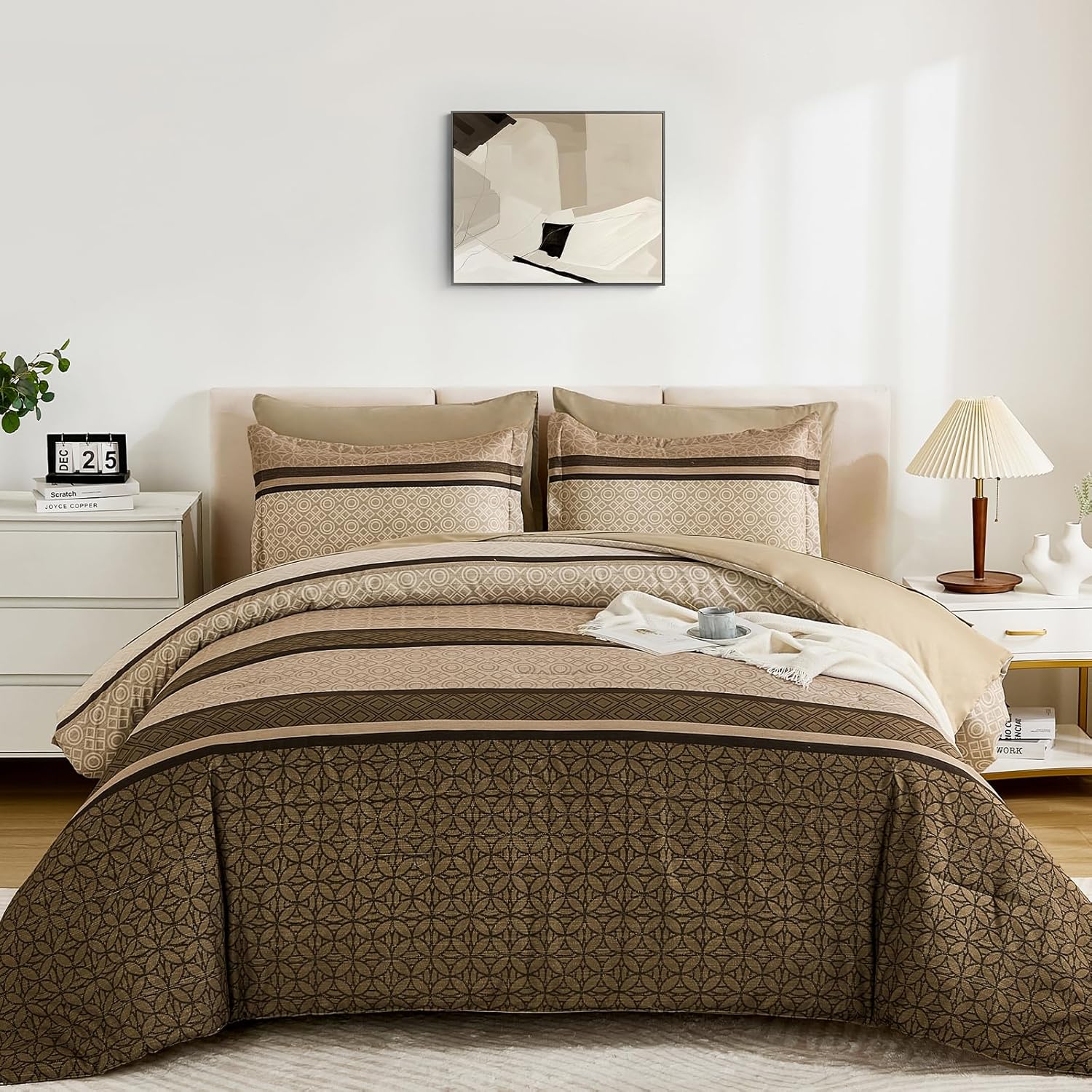 WONGS BEDDING 7 Pieces Comforter Set Queen Size, Brown Striped Bed in a Bag Comforter and Sheet Set, Minimalist Geometric Soft Lightweight Micorfiber Bedding Set for All Season (90"×90") - Image 2