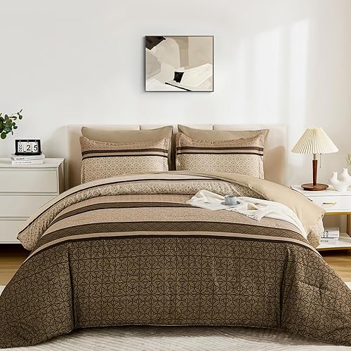 Miniatura 2 de WONGS BEDDING Juego de edredón de 7 piezas, tamaño Queen, juego de edredón y sábanas a rayas marrones, juego de ropa de cama bohemio suave y ligero