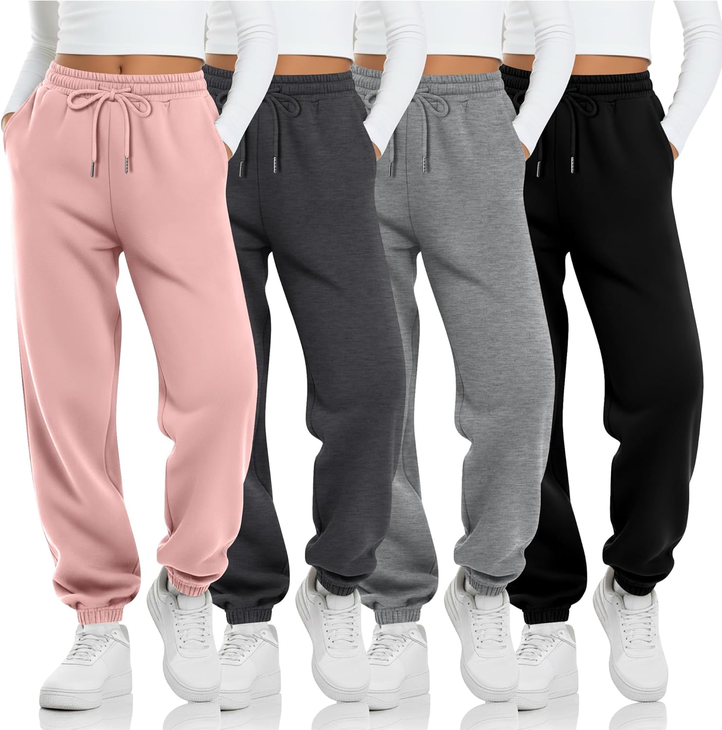 4 Pack Girls' Jogger Sweatpants Girls Drawstring Sweat Pants Teens Activewear Kids Joggers with Pockets (Ages 5-16)
