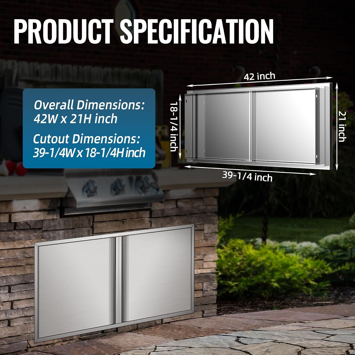 BBQ Access Door, 42W x 21H Inch Double Wall Vertical Door with Recessed Handle, Stainless Steel Flush Mount Door - Ideal for Outdoor Kitchen Grill Island, BBQ Station or Patio Cabinets