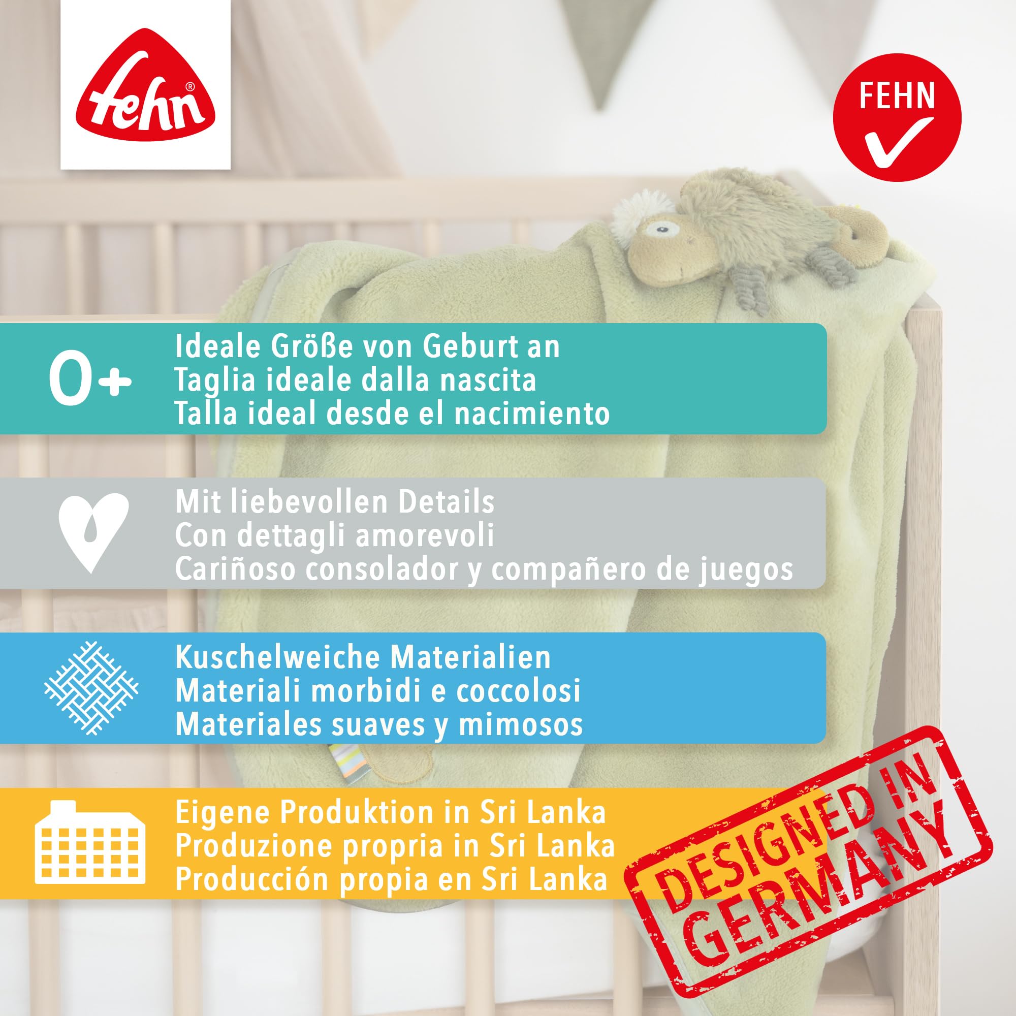 Fehn Coperta a forma di uccello – morbida coperta per coccole, come tappetino per gattonare, panno per affusolare o coperta per casa e in viaggio
