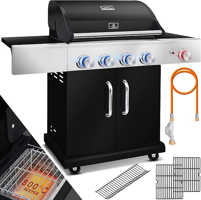 KESSER® Master BBQ grill gazowy z termometrem na podczerwień 800°C, oświetlenie LED, palnik ceramiczny 4 + 1, ze stali nierdzewnej XXL, butla gazowa 5-11 kg, zapłon piezoelektryczny, czarny