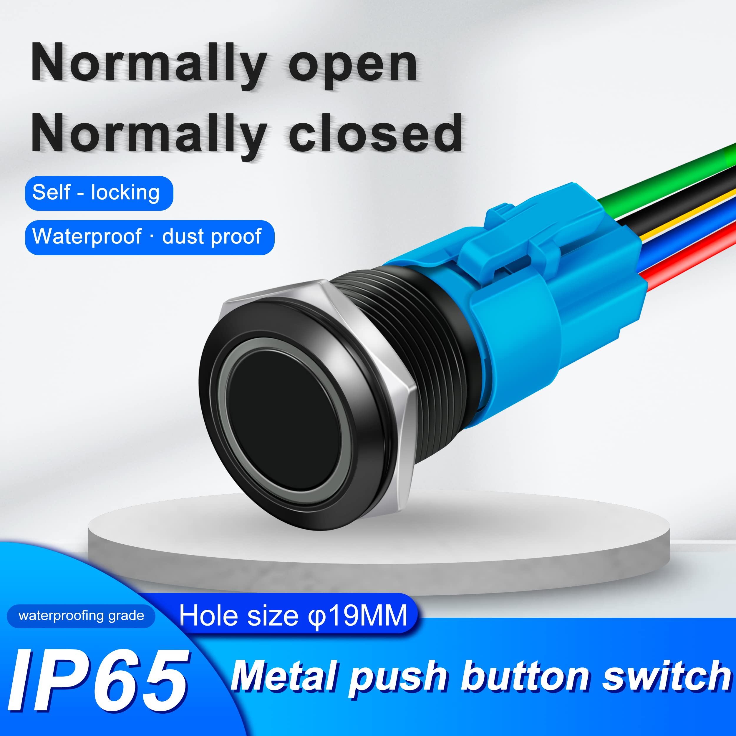 JOTTA 19mm Metal Push Button Switch Aluminum Oxide Black Shell Latching 12-24V Ring LED 1NO 1NC SPDT with Wire Socket Plug (Oxidized Black Shell, White)