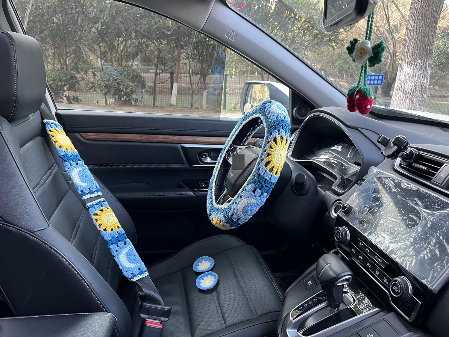 Handmade Crochet Sun and Moon Car Steering Wheel Covers Universal 14-15 inch for Women and Men (Wheel Covers+2belt Covers+2Car Coasters+Strawberry)