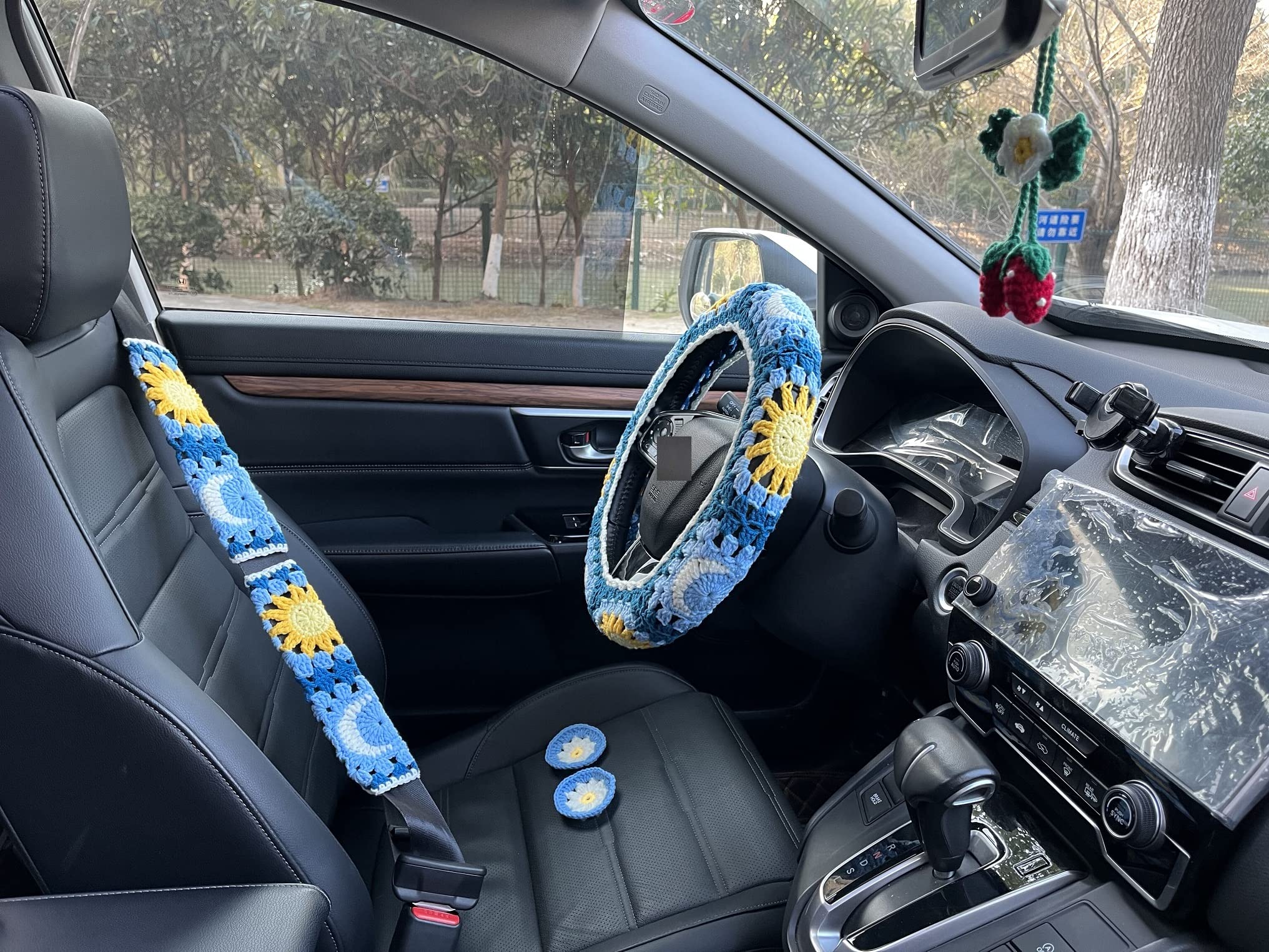 Housses de volant de voiture universelles faites à la main en crochet motif soleil et lune de 35,6 à 38,1 cm pour homme et femme (housse de volant Housses de volant de voiture universelles faites à la main en crochet motif soleil et lune de 35,6 à 38,1 cm pour homme et femme (housse de volant