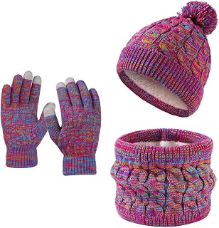 Juego de guantes de invierno para niños 3 en 1, gorro de invierno, bufanda y guantes, gorro de invierno cálido, gorro de invierno para niños de 2 a 7 años, color rojo, Rosa., 20 cm