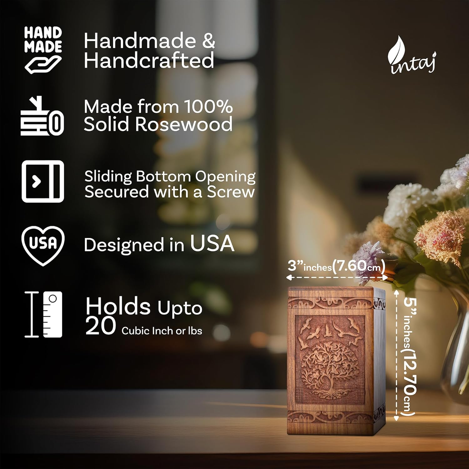 INTAJ Tree of Life Wooden Urn for Human Ashes, 20lbs Capacity, Suitable for Burial for Men, Women, Mom, Dad - Mini Rosewood Keepsake Cremation Urn for Ashes Handcrafted - Wooden Carved Box - Image 2