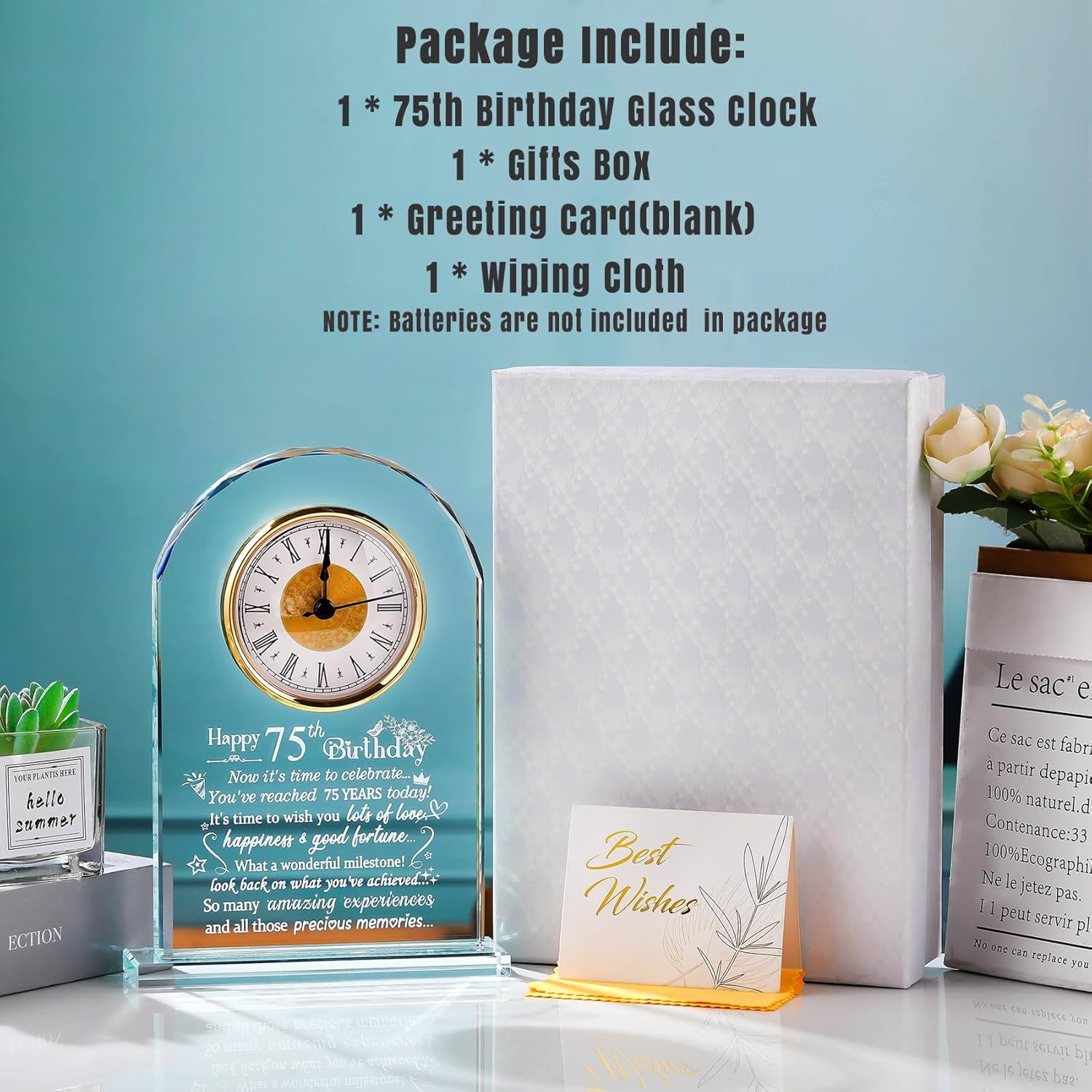 Ornalrist 75th Birthday Gifts for Women Men, Happy 75th Birthday Quartz Clock Plaque Gifts for Friends Couple Wife Her, Glass Quartz Clock Home Office Desk Decor - Image 5