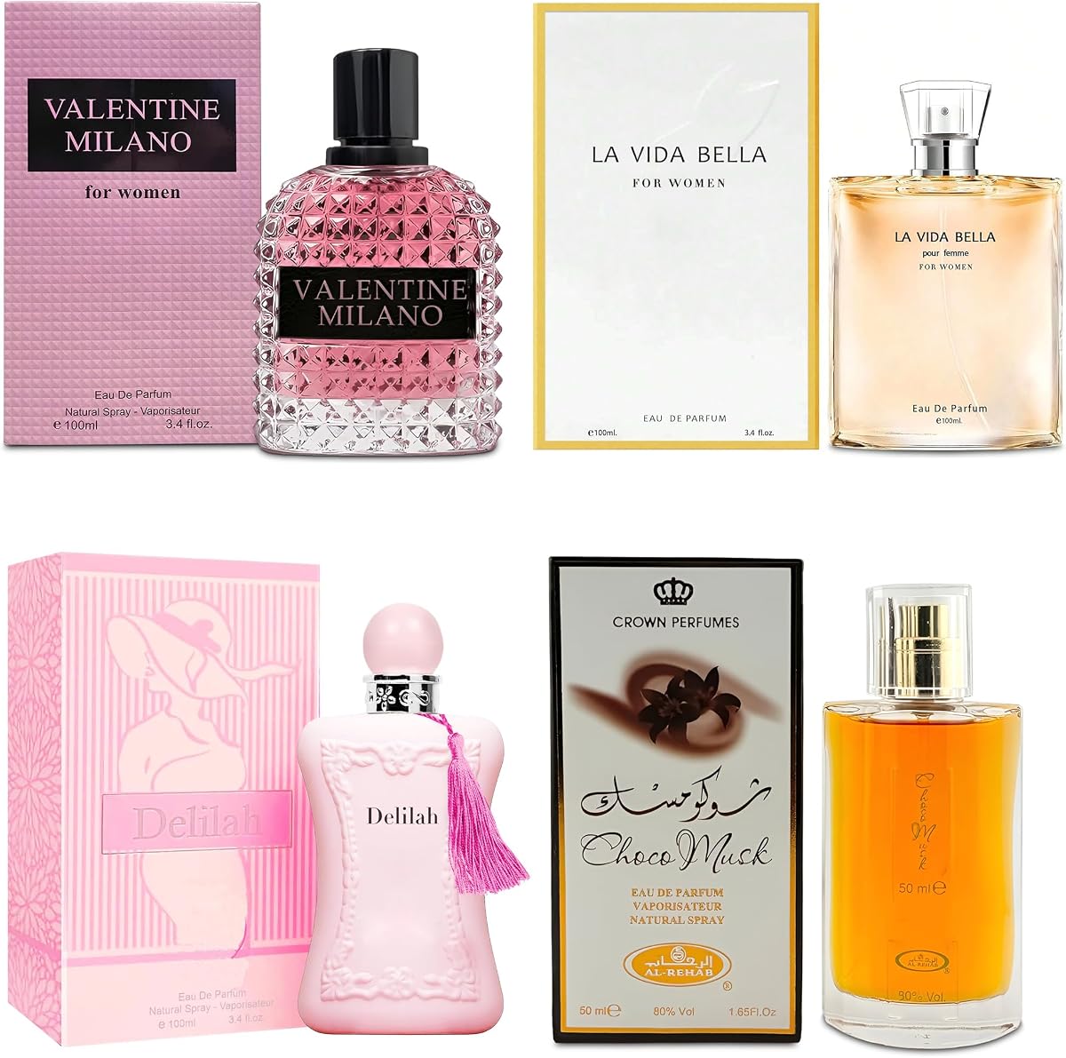 AFLUXE Top Sales 4 Piece Women Perfume Set Choco Musk/Valentine Milano/La Vida Bella/Delilah Eau de Parfum Spray Women's Fragrance Sets with Luxury Gift Box for Daily Use