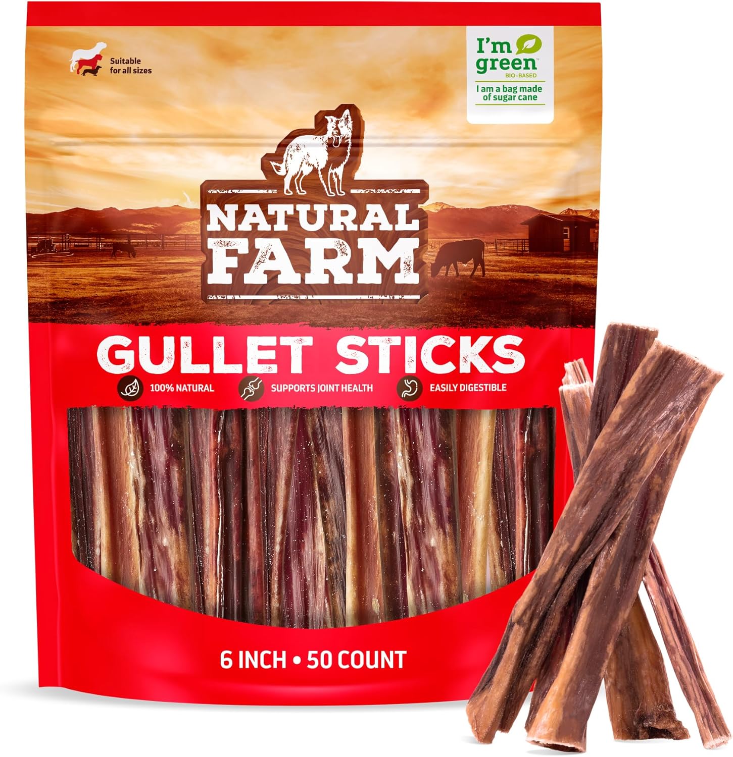 Natural Farm Gullet Sticks (6 Inch, 50 Pack) - One Ingredient Beef Esophagus Chews - Fully Digestible, Promotes Joint & Dental Health, for Pups, Small & Senior Dogs