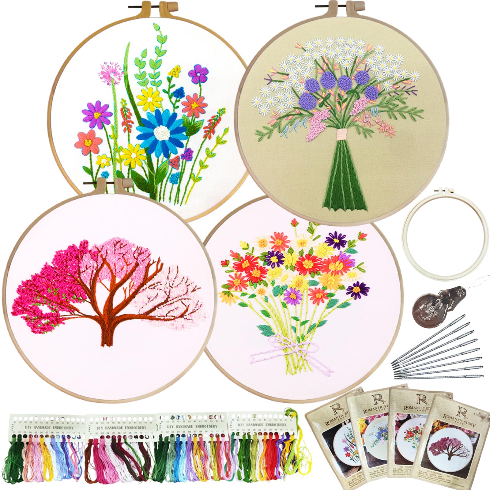 Fofvccv 4 Sets Embroidery Kit for Beginners,Cross Stitching Kits for Adults Kids, DIY Craft Lover Kit with Flower Stamped Patterns,Hoop,Needles,Colorful Threads & Step by Step Instructions