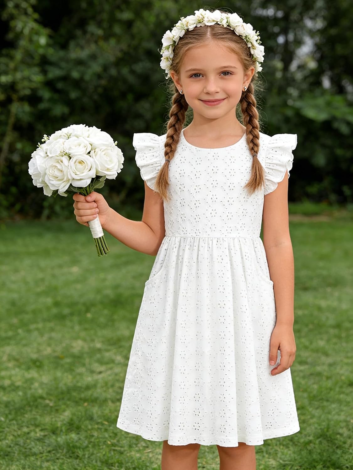 Girls Ruffle Sleeve Dresses Kids Summer Cute Crew Neck Dress, Toddler Casual Beach Sundress with Pockets 3-8Y