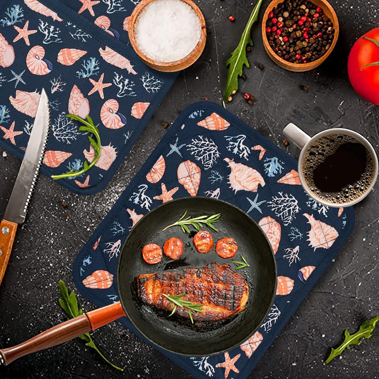 Pot Holders Set of 2 Heat Resistant 480℉ Kitchen 100% Cotton Comfortable Lining Printing Cowry Flower Women Men Home Cooking Baking Microwave BBQ Gift (Cowry potholders) - Image 7