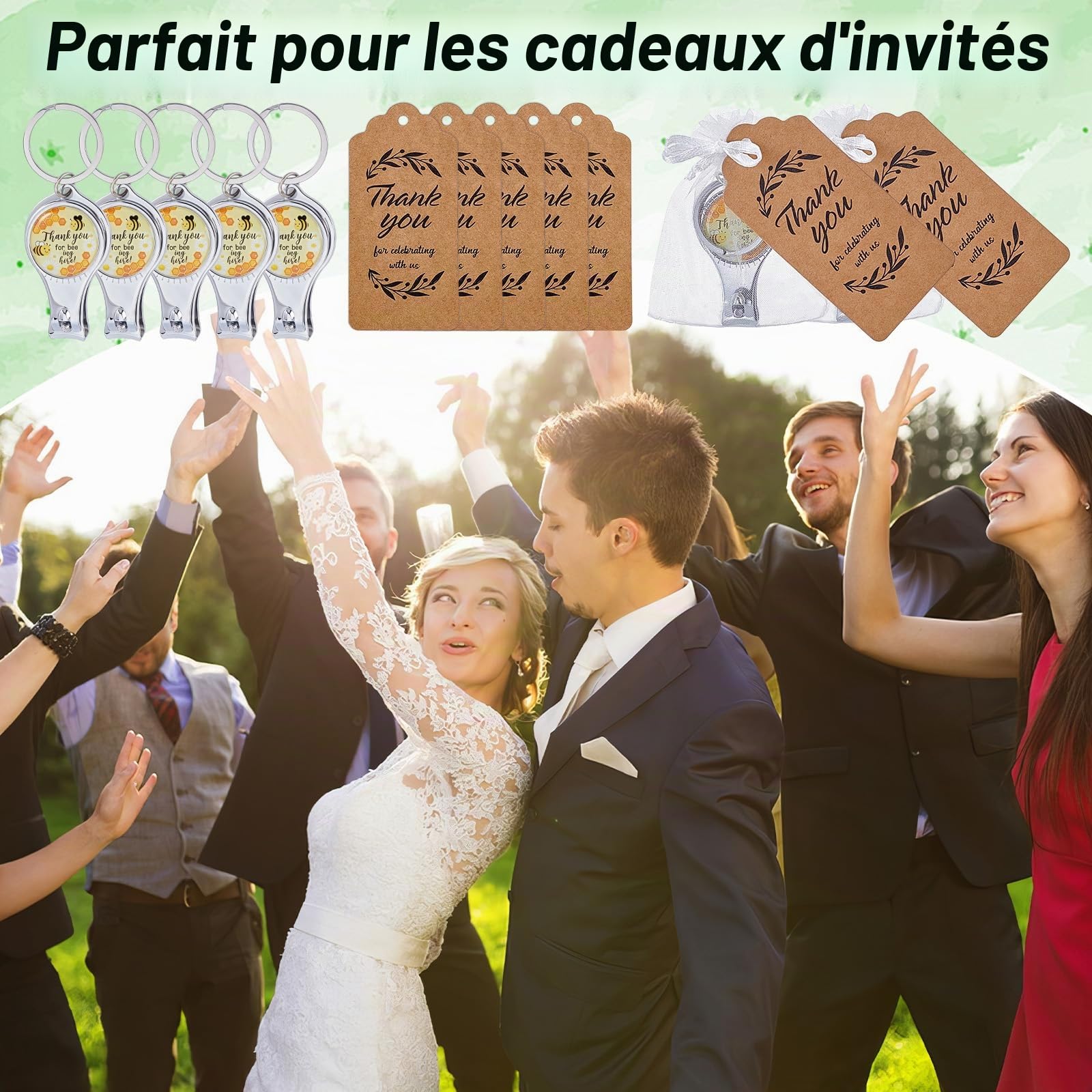 60 Porte-Clés Coupe-Ongles 3-en-1 pour Mariage, Motif Abeille